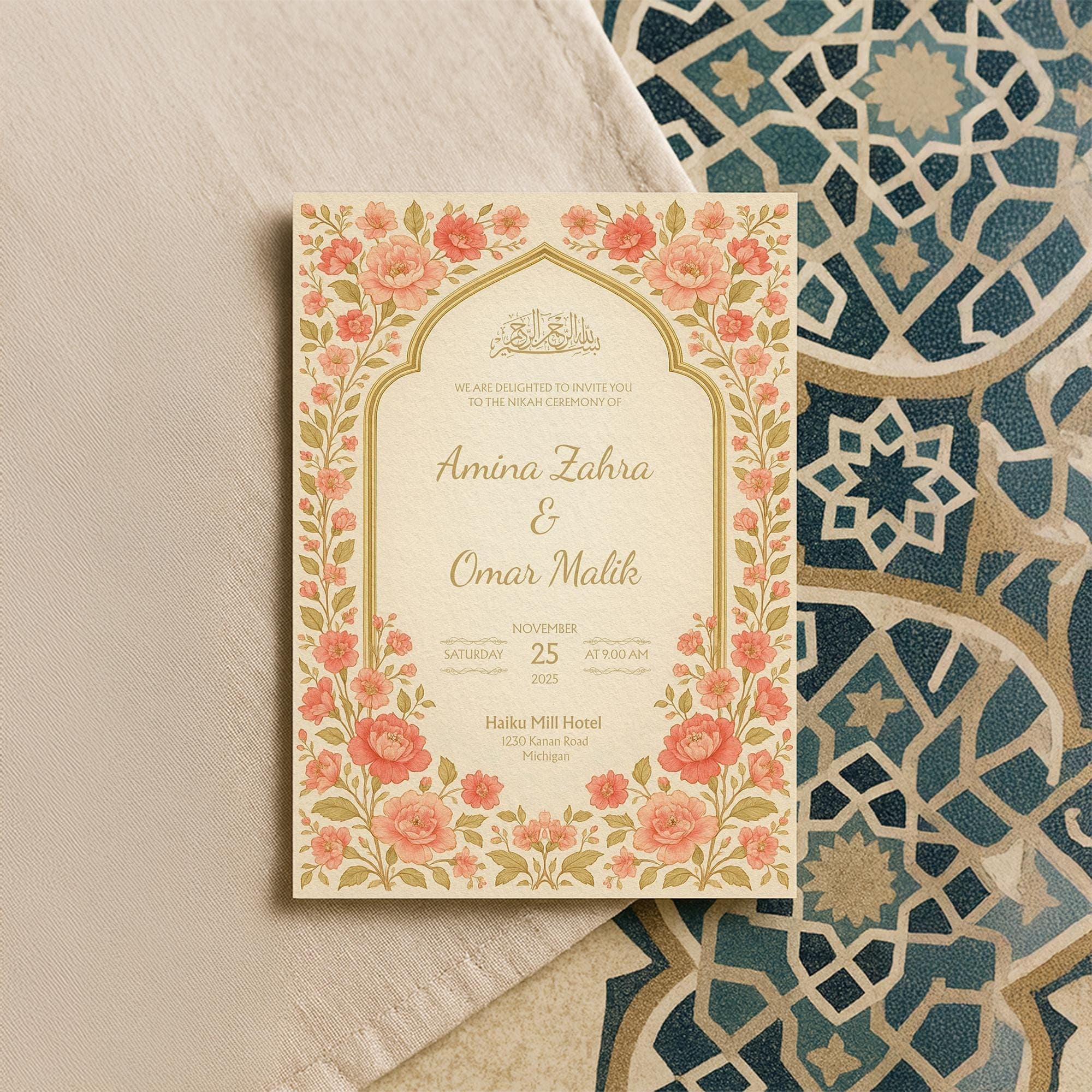 Floral Muslim Nikah Template | Customizable Islamic Canva Design with Elegant Calligraphy & Bismillah | Pastel Wedding Print | WA05