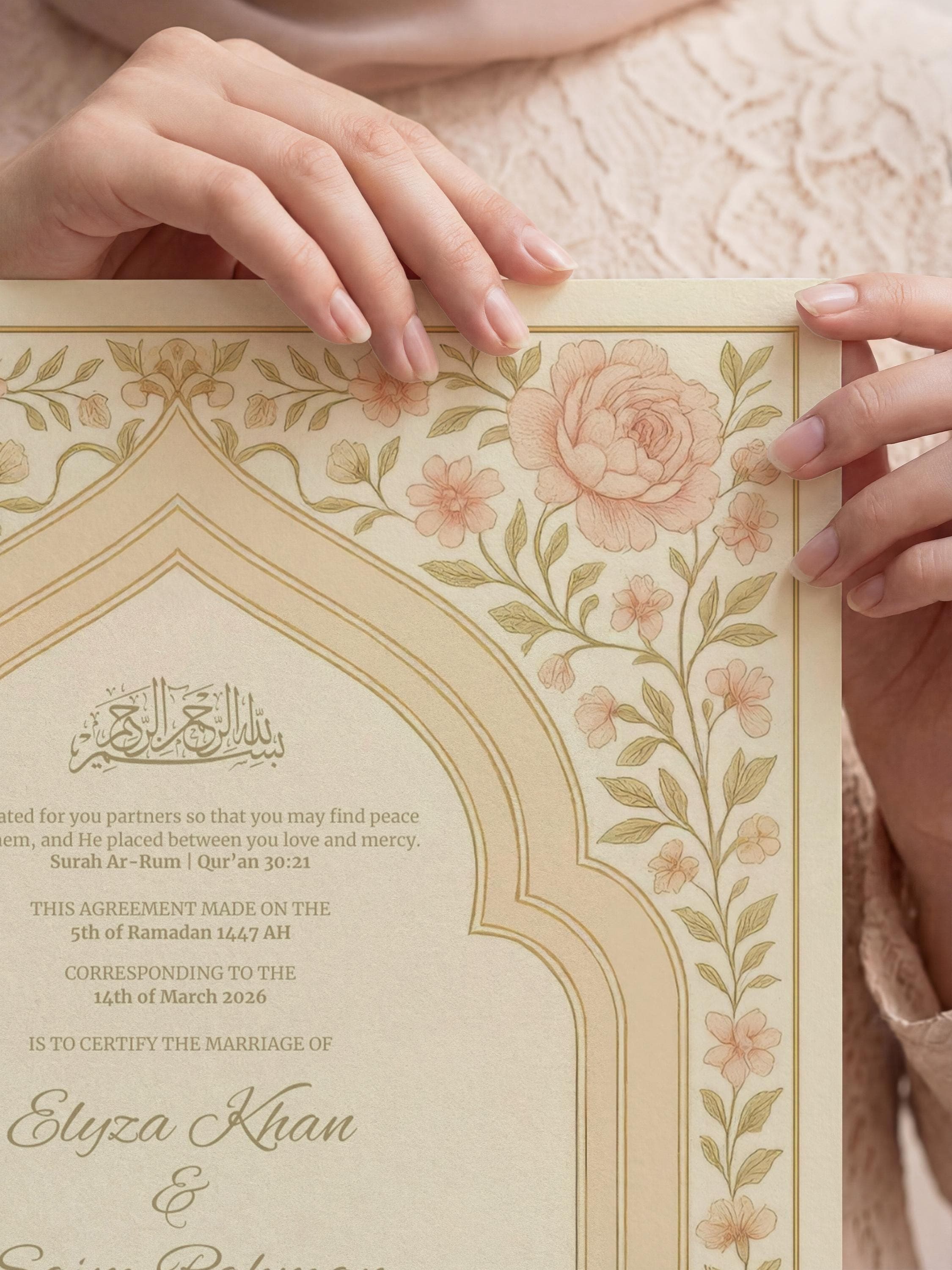Editable Blush Floral Muslim Nikkah Certificate | Canva Printable Wedding Contract with Elegant Islamic Motif Design (A3-A4) - image 5