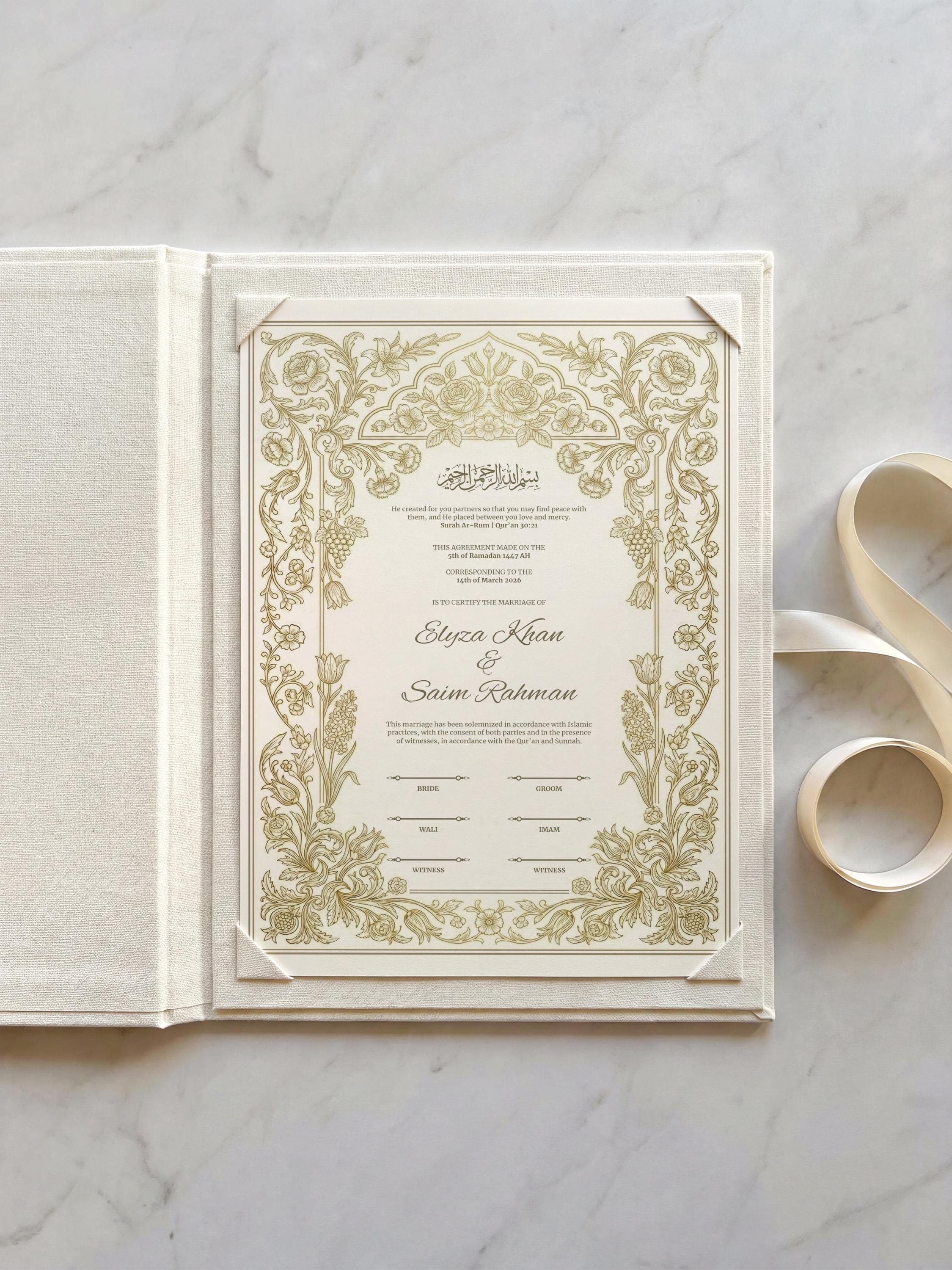 Vintage Gold Floral Islamic Nikkah Certificate: Editable Muslim Wedding Contract (A3 & A4 Canva Template)