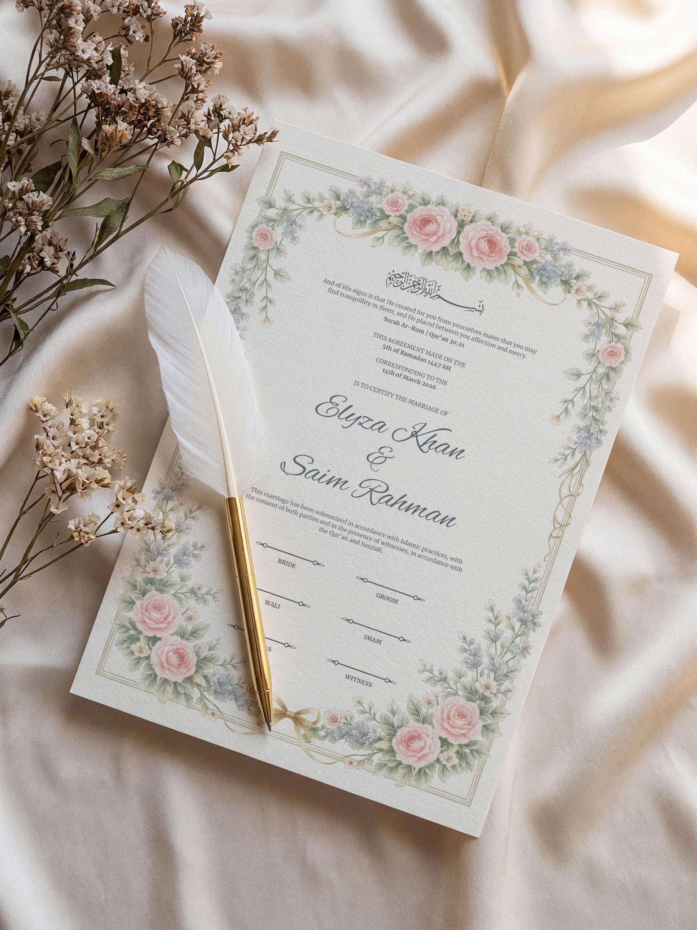 Floral Islamic Nikah Certificate: Soft Pastel Rose Muslim Wedding ContractTemplate, Personalized Marriage Contract - image 5