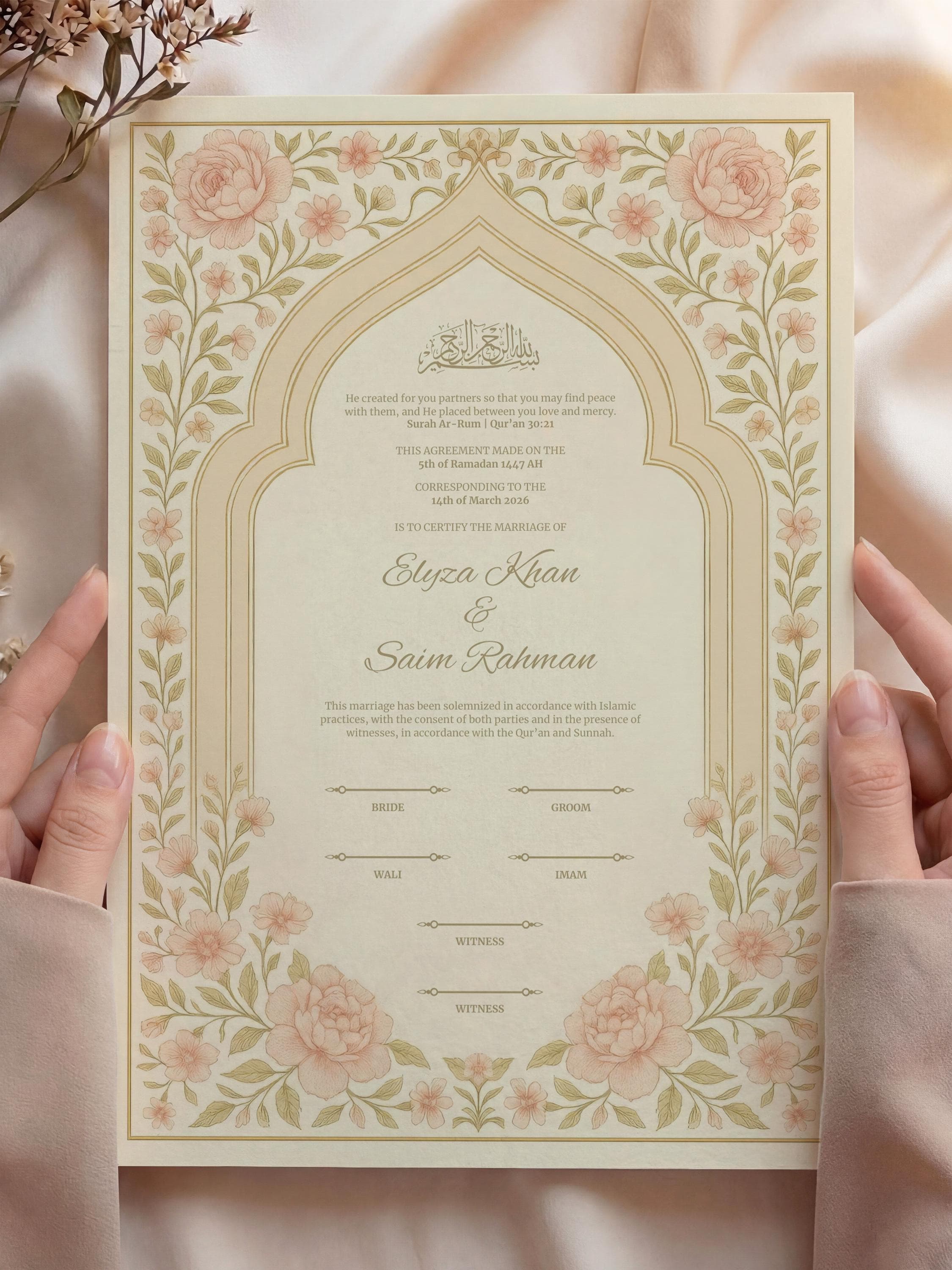 Editable Blush Floral Muslim Nikkah Certificate | Canva Printable Wedding Contract with Elegant Islamic Motif Design (A3-A4) - image 3