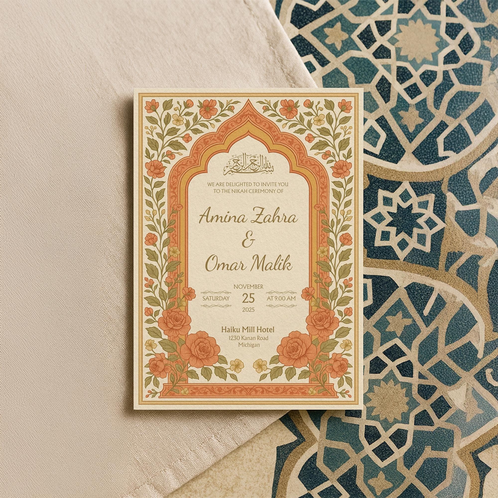 Editable Muslim Wedding Invitation Template | Islamic Nikah Canva Card with Bismillah | Floral Calligraphy Design | Instant Download | WA02
