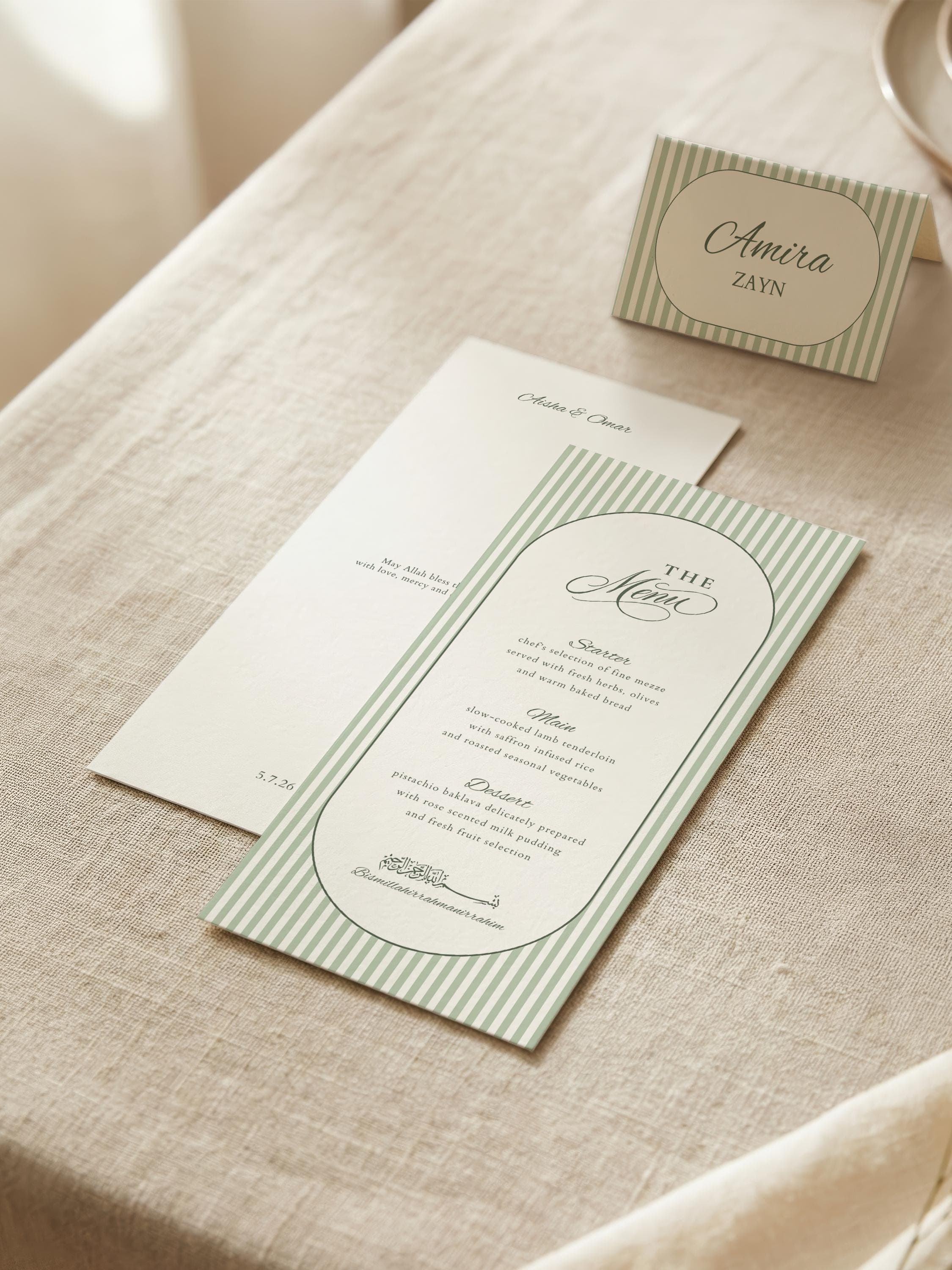 Islamic Wedding Menu & Place Card Template: Elegant Green Striped Arch Muslim Nikkah Reception Set - image 4