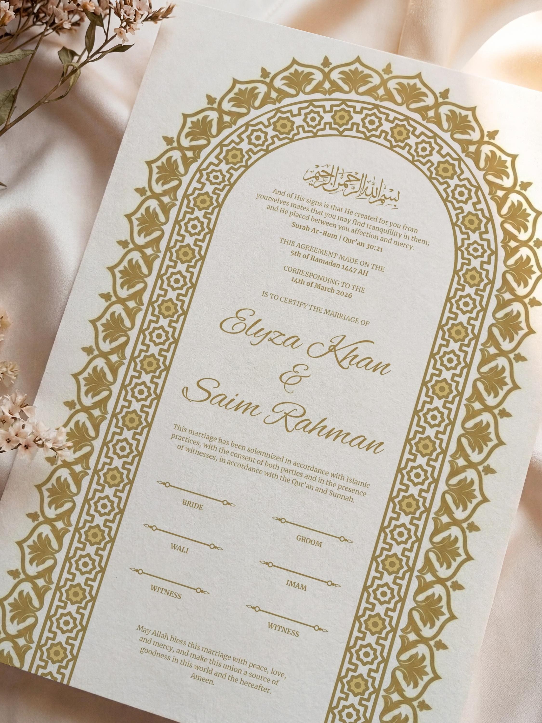 Gold Arch Islamic Nikkah Certificate: Trendy Muslim Wedding Contract, Luxury Personalized Marriage Template