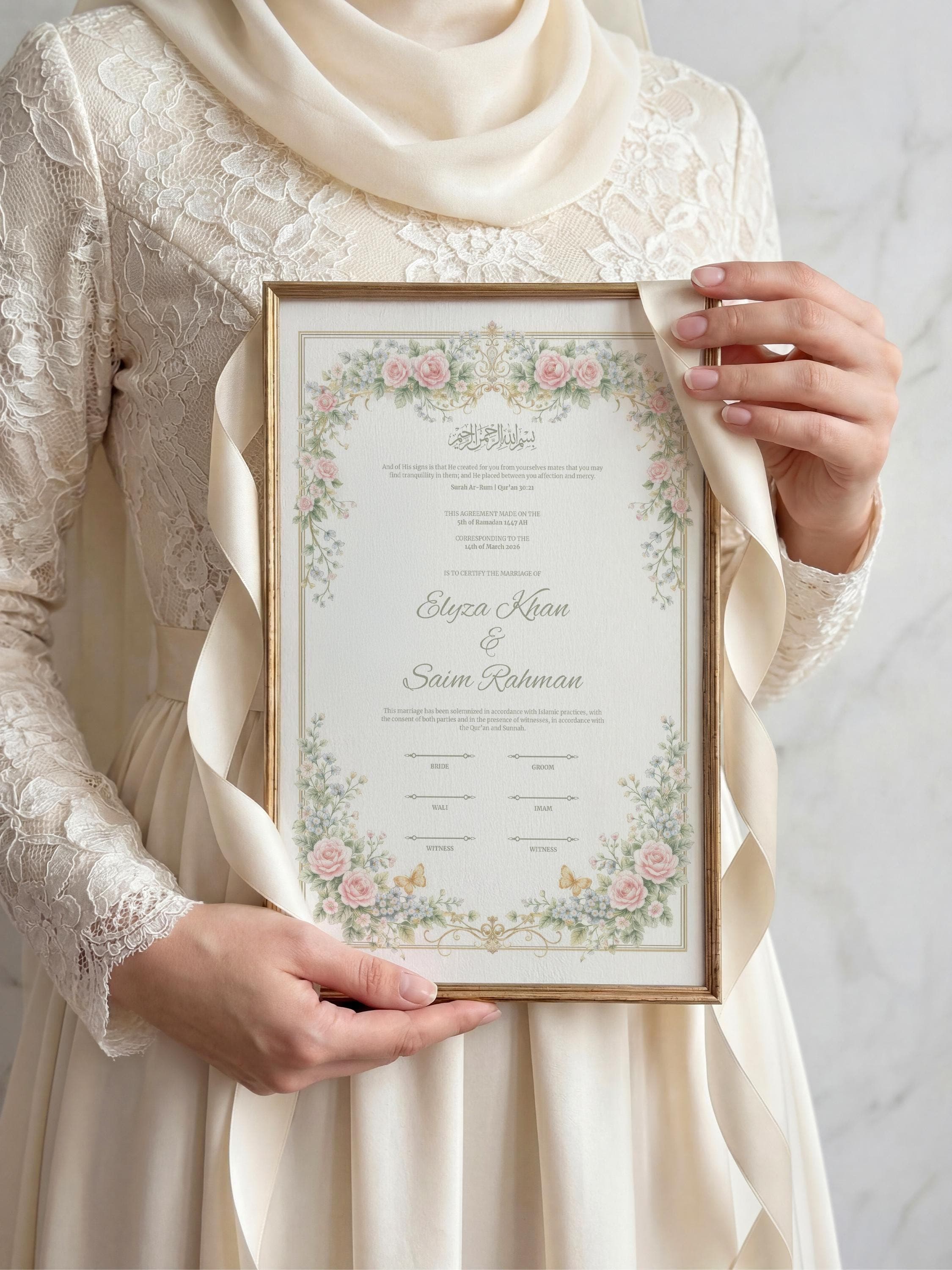 Floral Islamic Nikkah Certificate: Pink Rose Wedding Contract (Digital Download, Canva Template A3/A4) - image 3