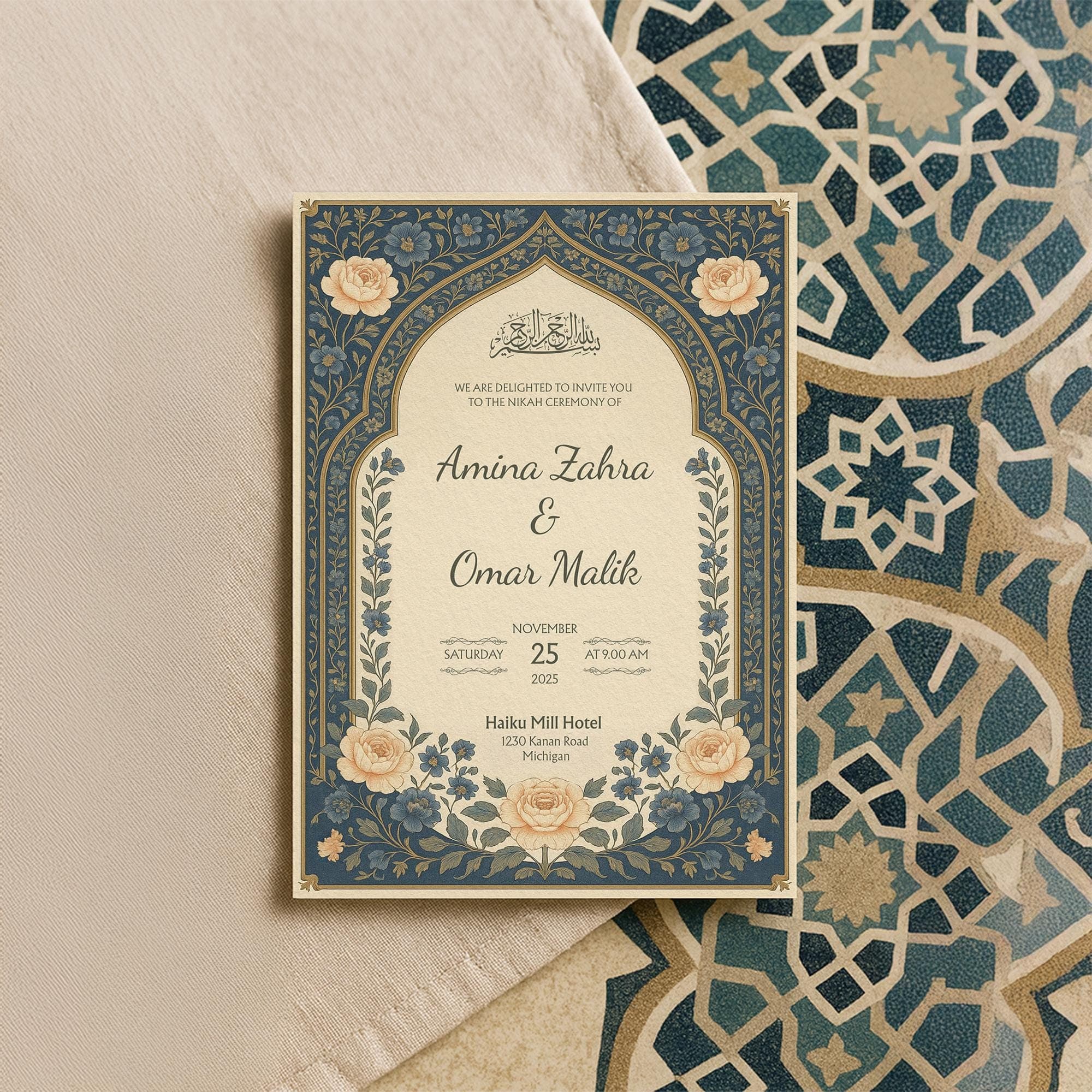 Customizable Muslim Wedding Invitation Template | Blue Islamic Nikah Card with Bismillah Calligraphy | Floral Digital Canva Design | WA03