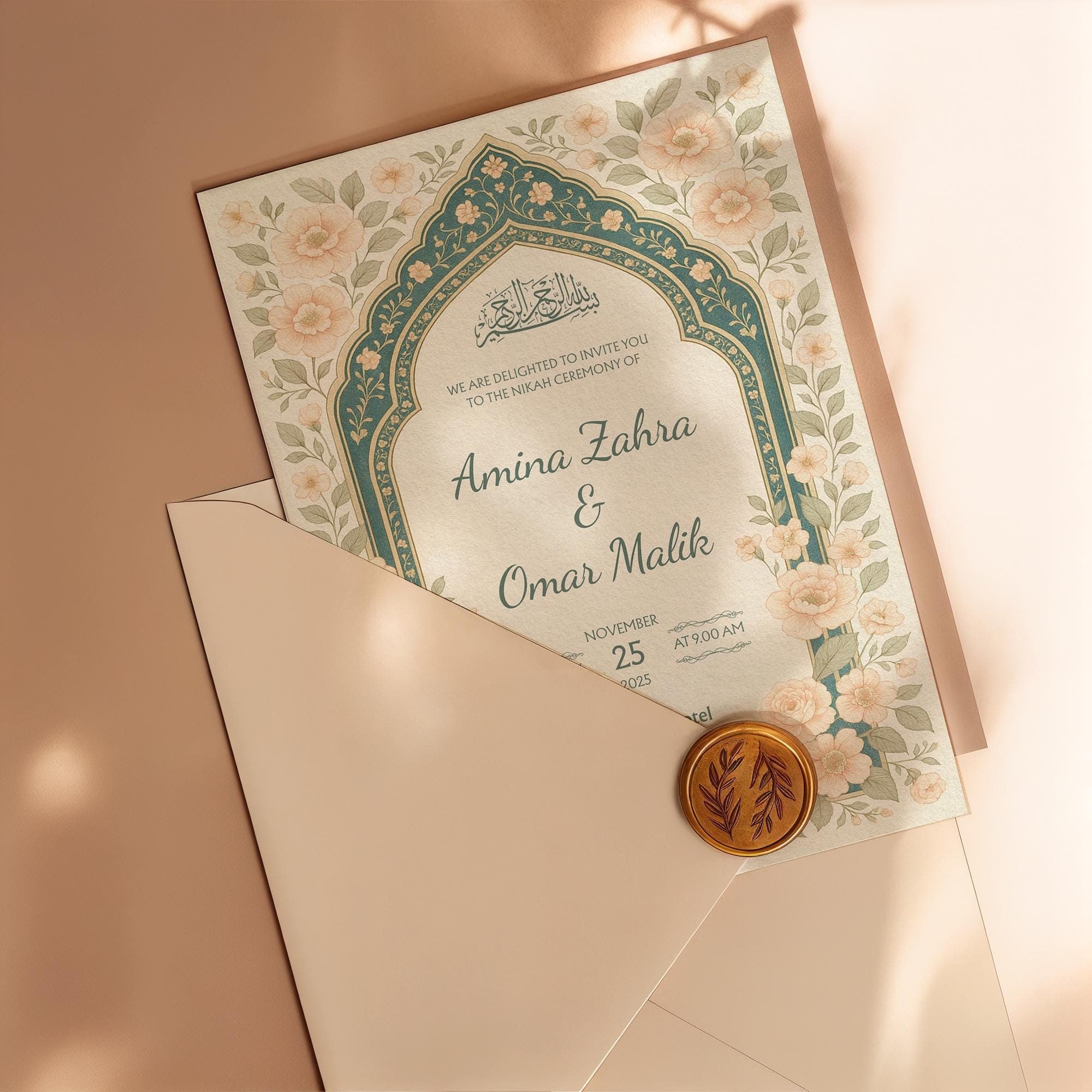 Printable Canva Islamic Nikah Invitation | Editable Digital Blush Floral Arch Template with Arabic Calligraphy in Soft Pastel Style | WA11 - image 5