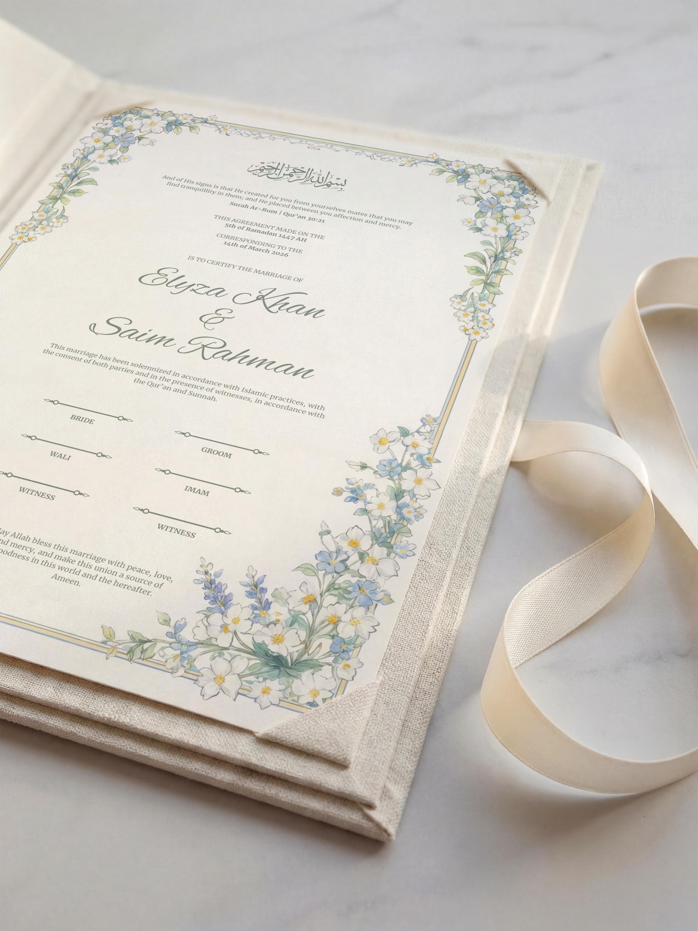 Daisy Floral Islamic Nikkah Certificate: Soft White & Blue Floral Muslim Wedding Contract,  Marriage Template - image 4