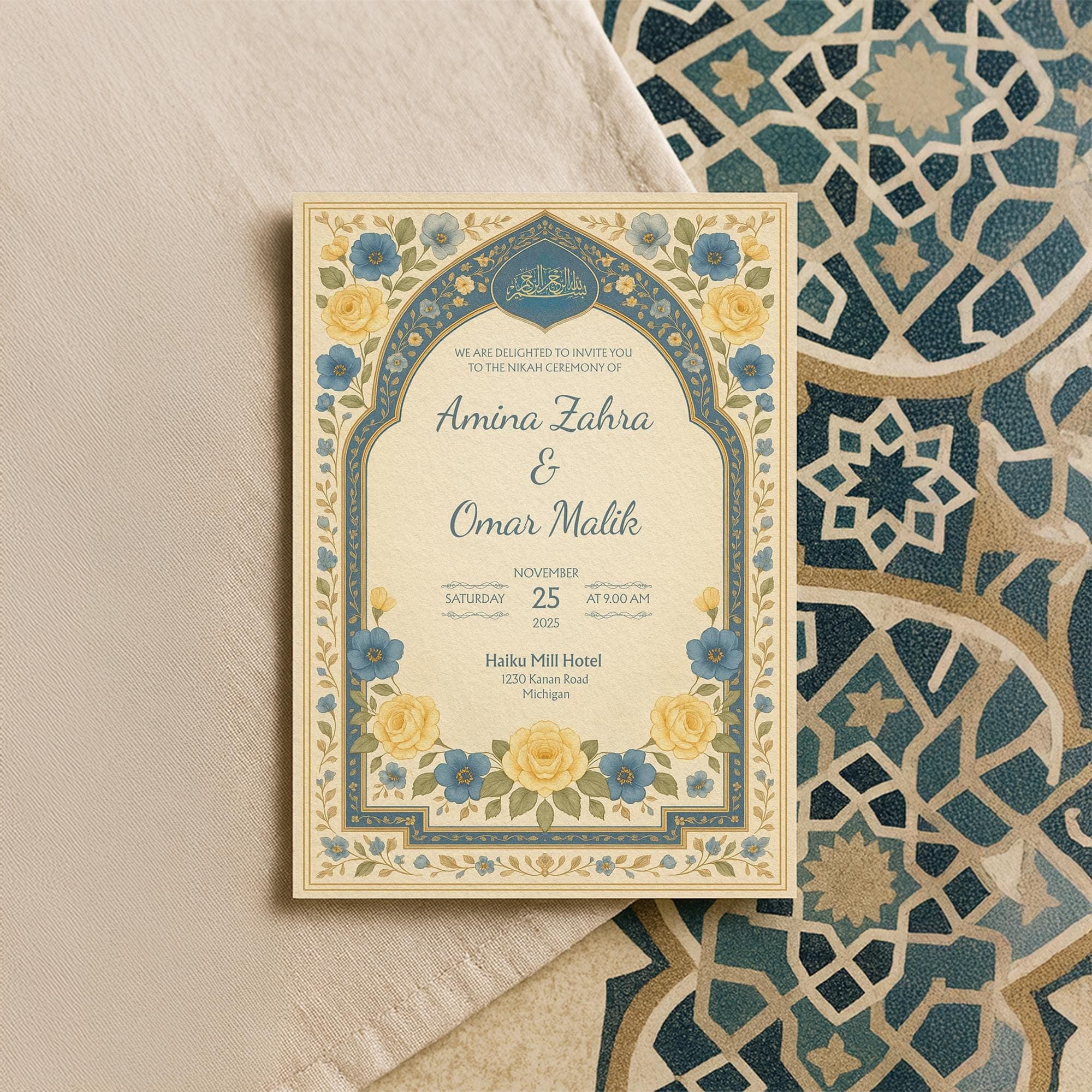 Editable Floral Muslim Nikah Invitation Card | Blue and Yellow Islamic Canva Template with Arabic Details & Elegant Arch Design | WA09