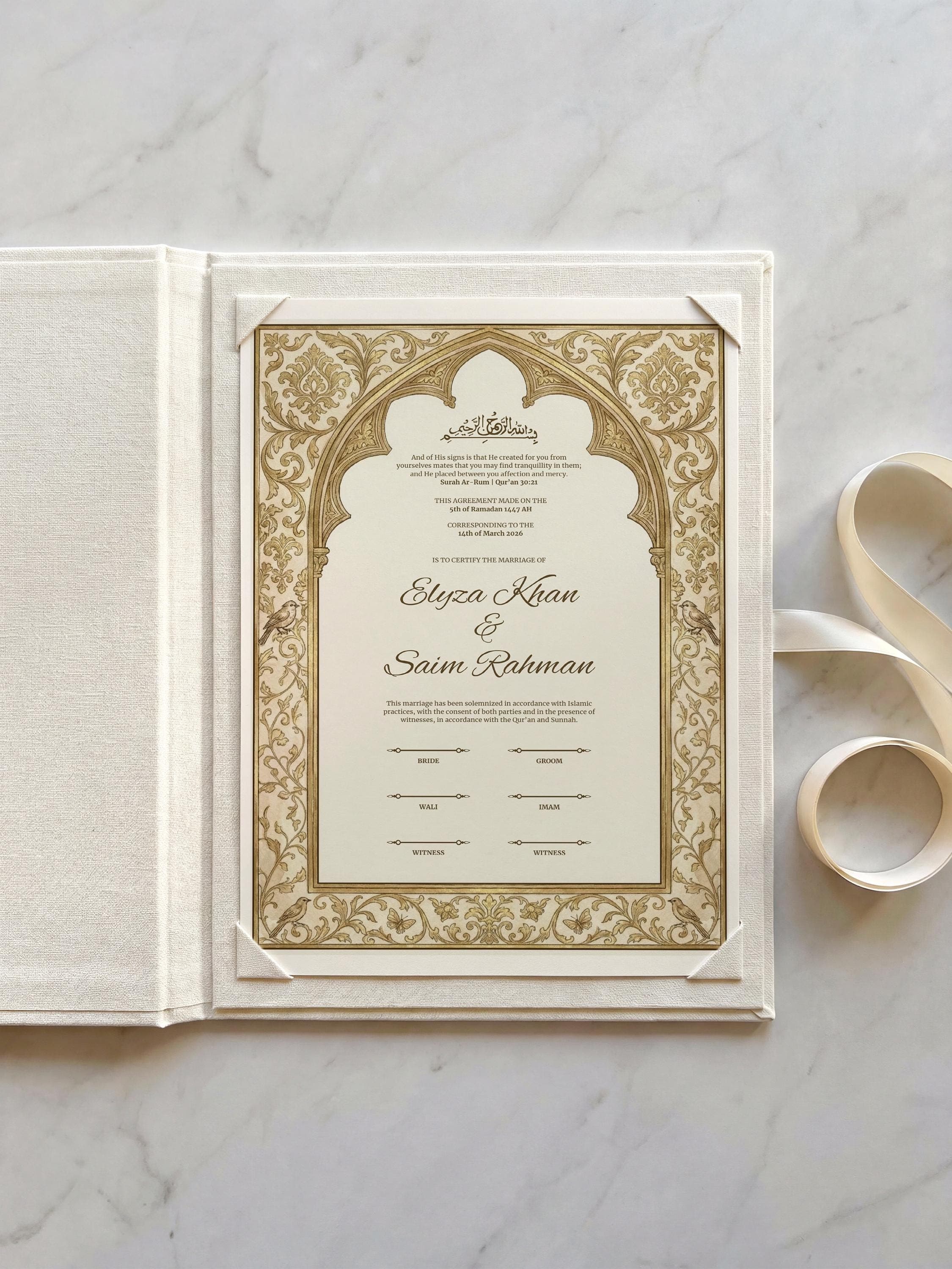 Arch Gold Islamic Nikkah Certificate: Muslim Wedding Template with Ornate Frame, Personalized Marriage Contract