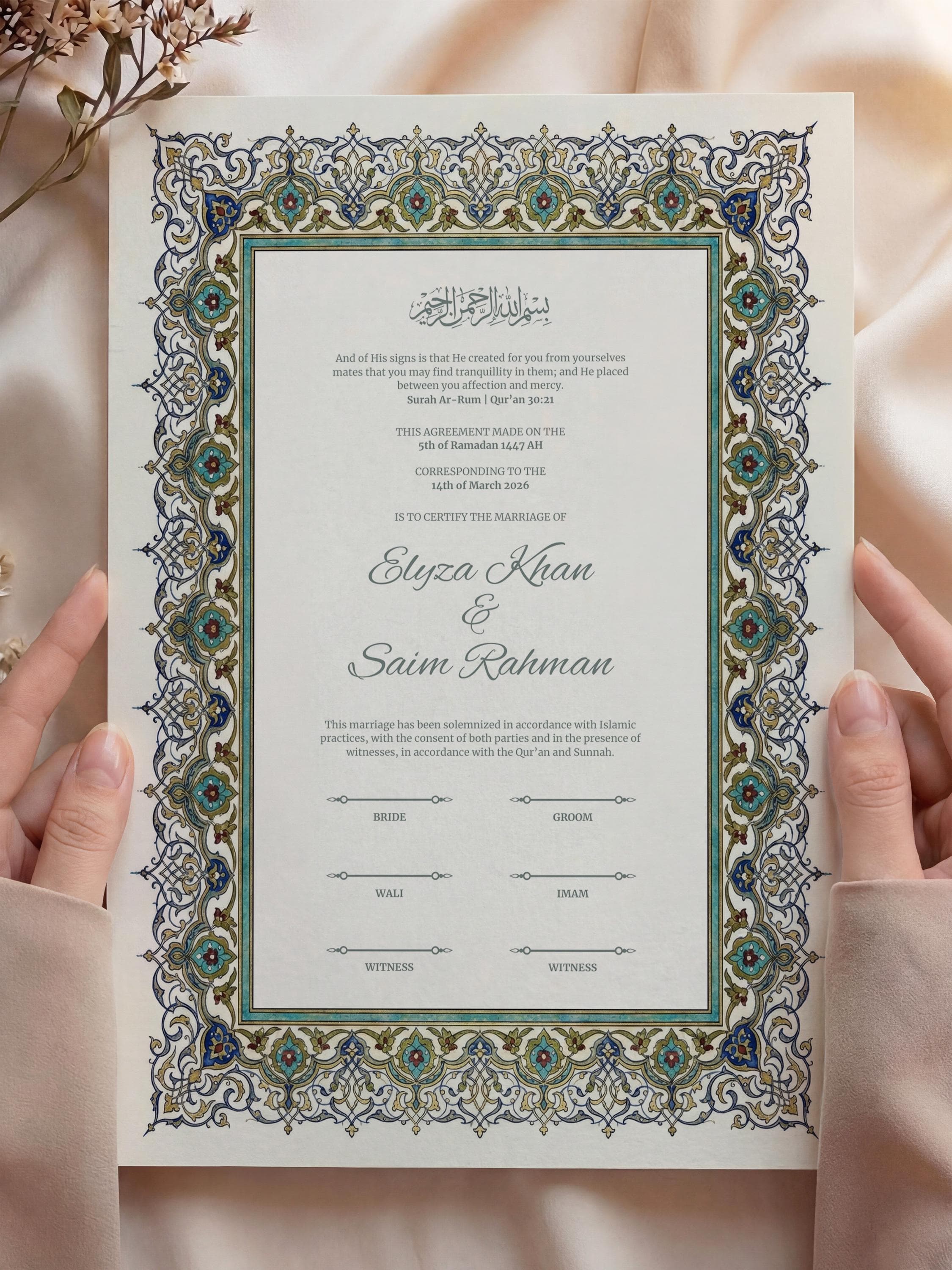 Blue Floral Islamic Nikkah Certificate: Ottoman Iznik Style Muslim Wedding Contract, Elegant Marriage Template - image 3