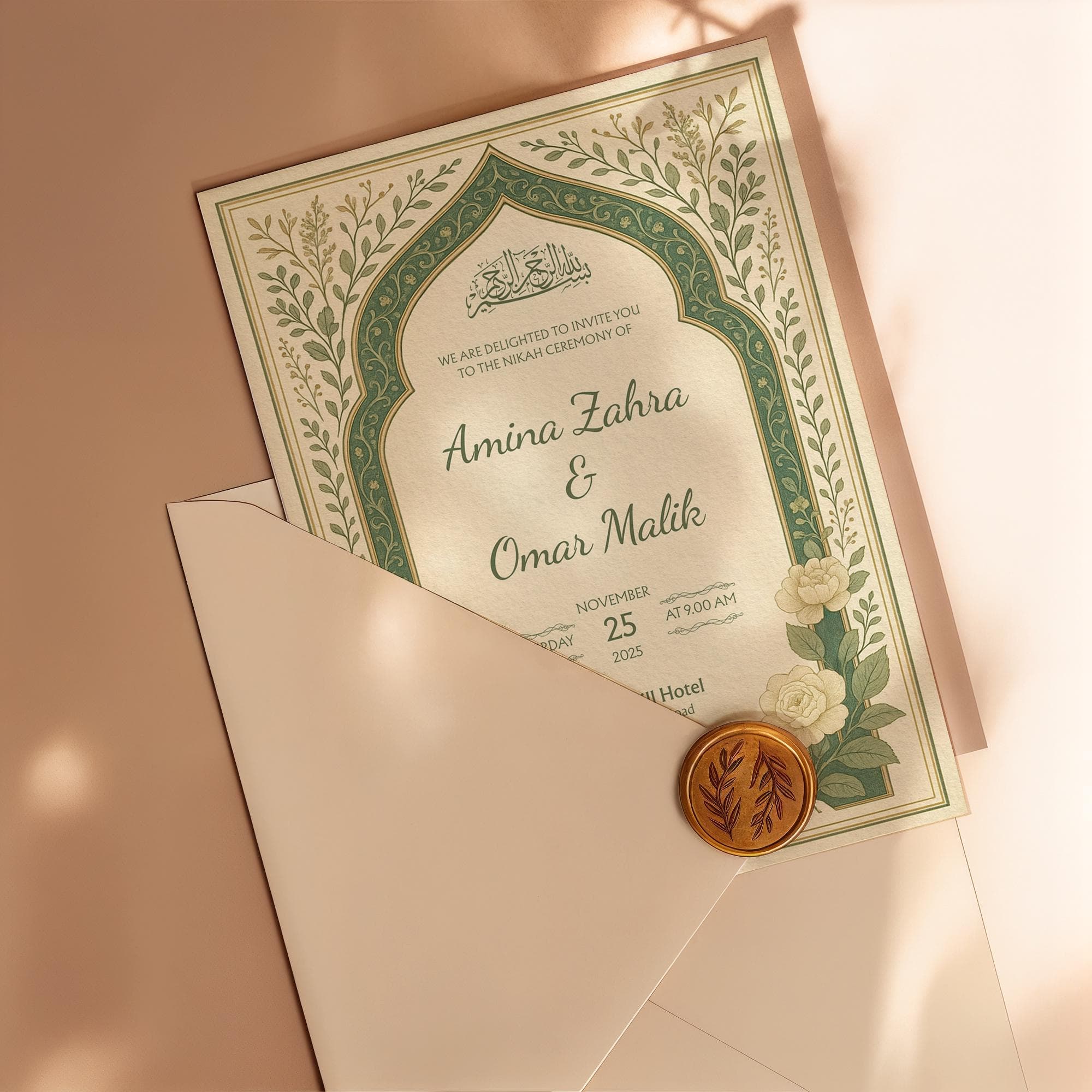 Editable Islamic Wedding Invitation Canva Template | Printable Beige Green Floral Nikah Card with Arabic Arch | Elegant Botanical | WA12 - image 5