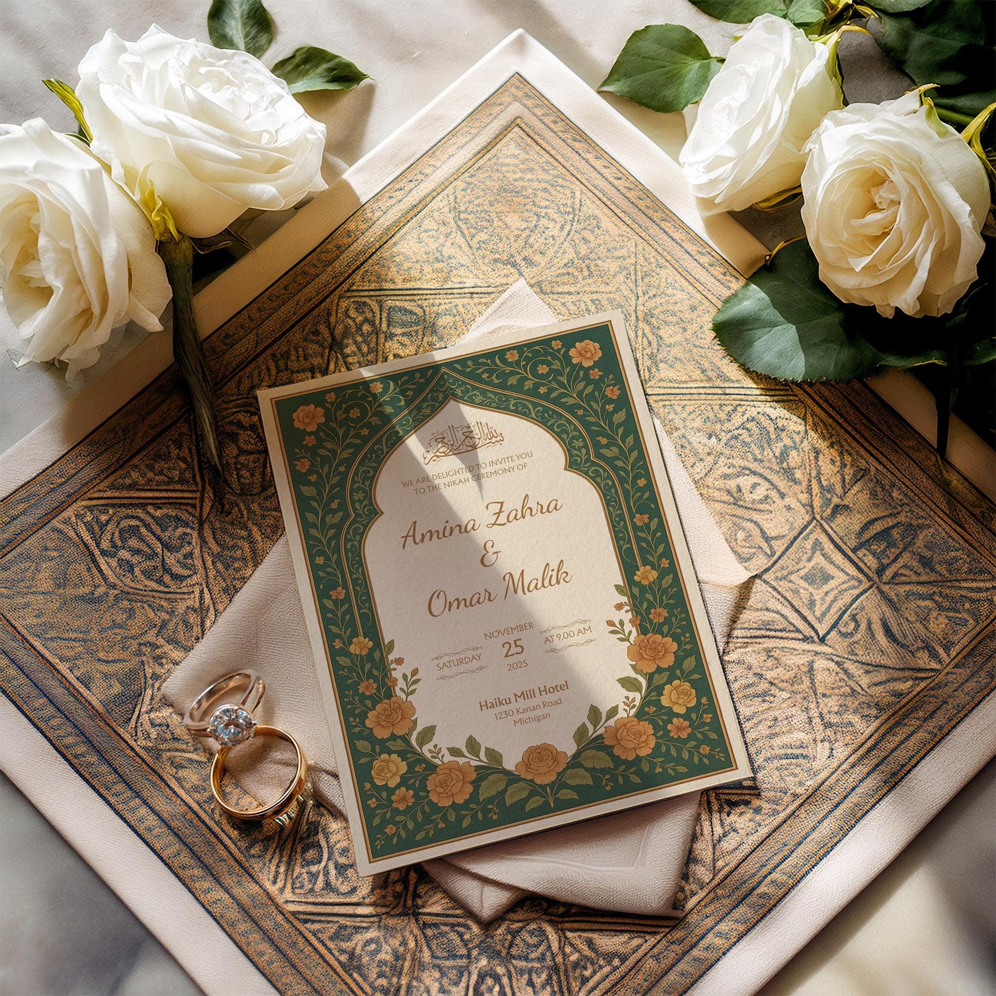 Editable Nikah Invitation Template | Dark Green Burnt Orange Floral Muslim Wedding Canva Card Printable for Islamic Ceremony | WA16 - image 3