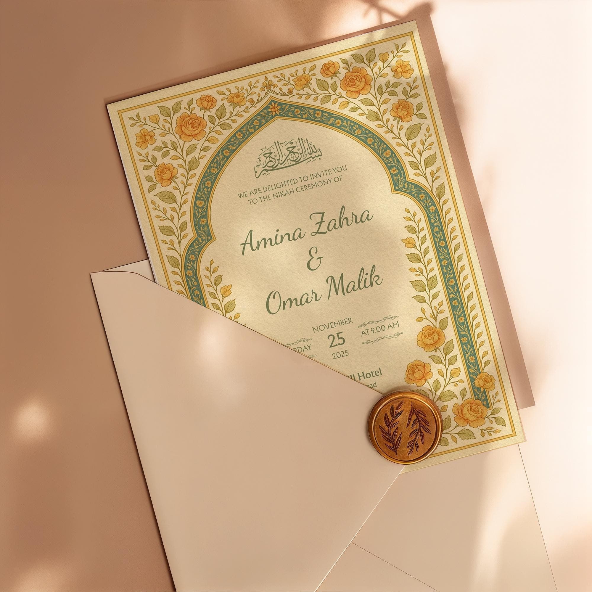 Digital Nikah Invitation Template: Yellow Floral Art Nouveau Wedding Card | WA08 - image 4