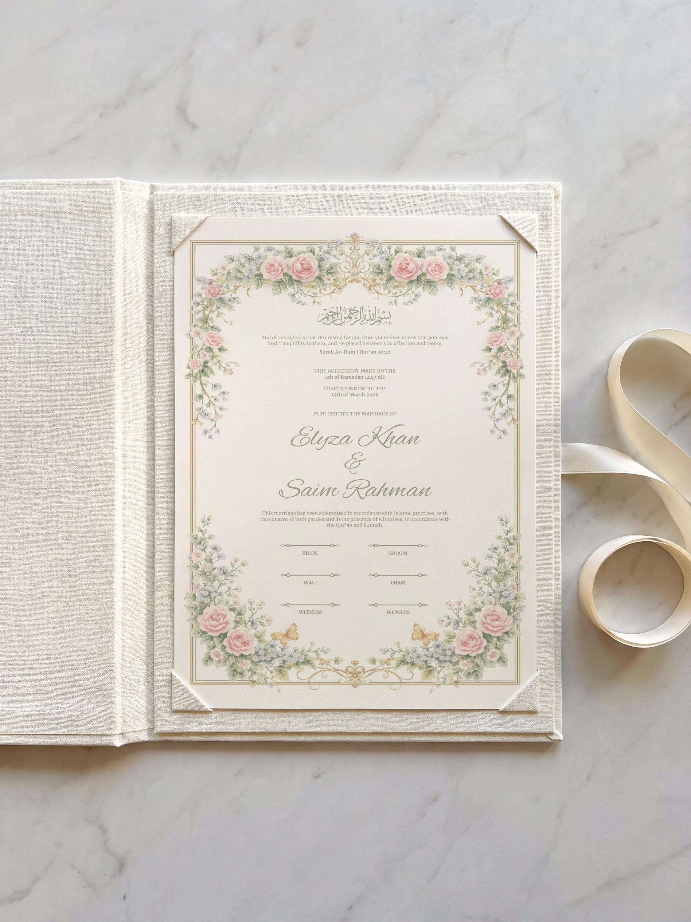 Floral Islamic Nikkah Certificate: Pink Rose Wedding Contract (Digital Download, Canva Template A3/A4)