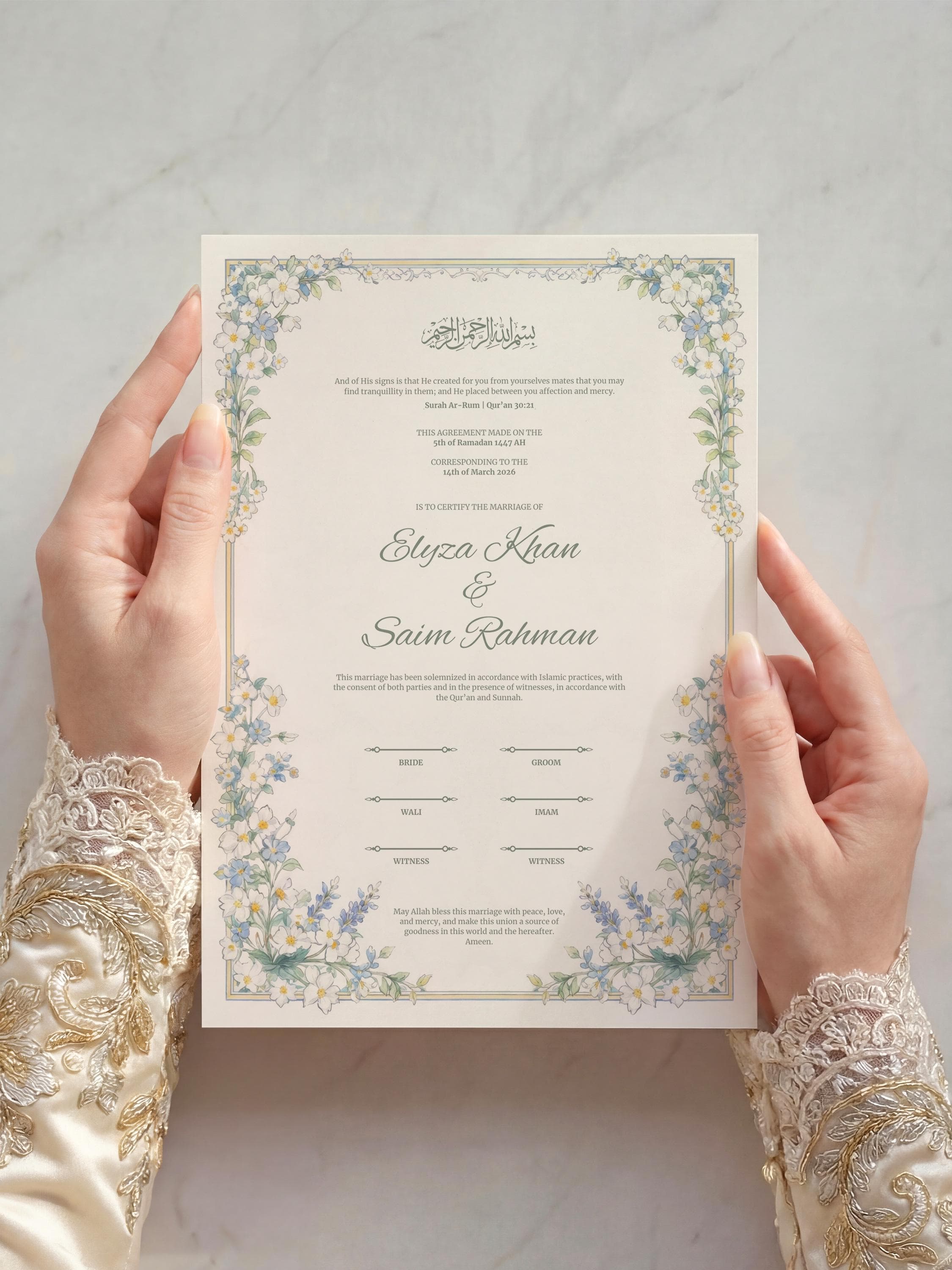 Daisy Floral Islamic Nikkah Certificate: Soft White & Blue Floral Muslim Wedding Contract,  Marriage Template - image 5