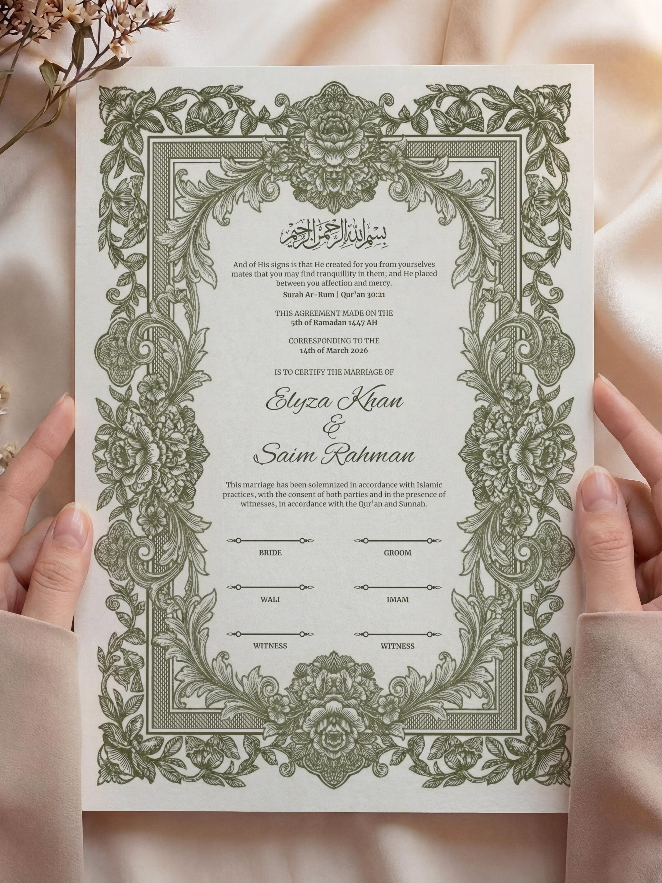 Muslim Wedding Contract: Botanical Vintage Green Floral Islamic Nikkah Certificate, Elegant Marriage Template - image 3