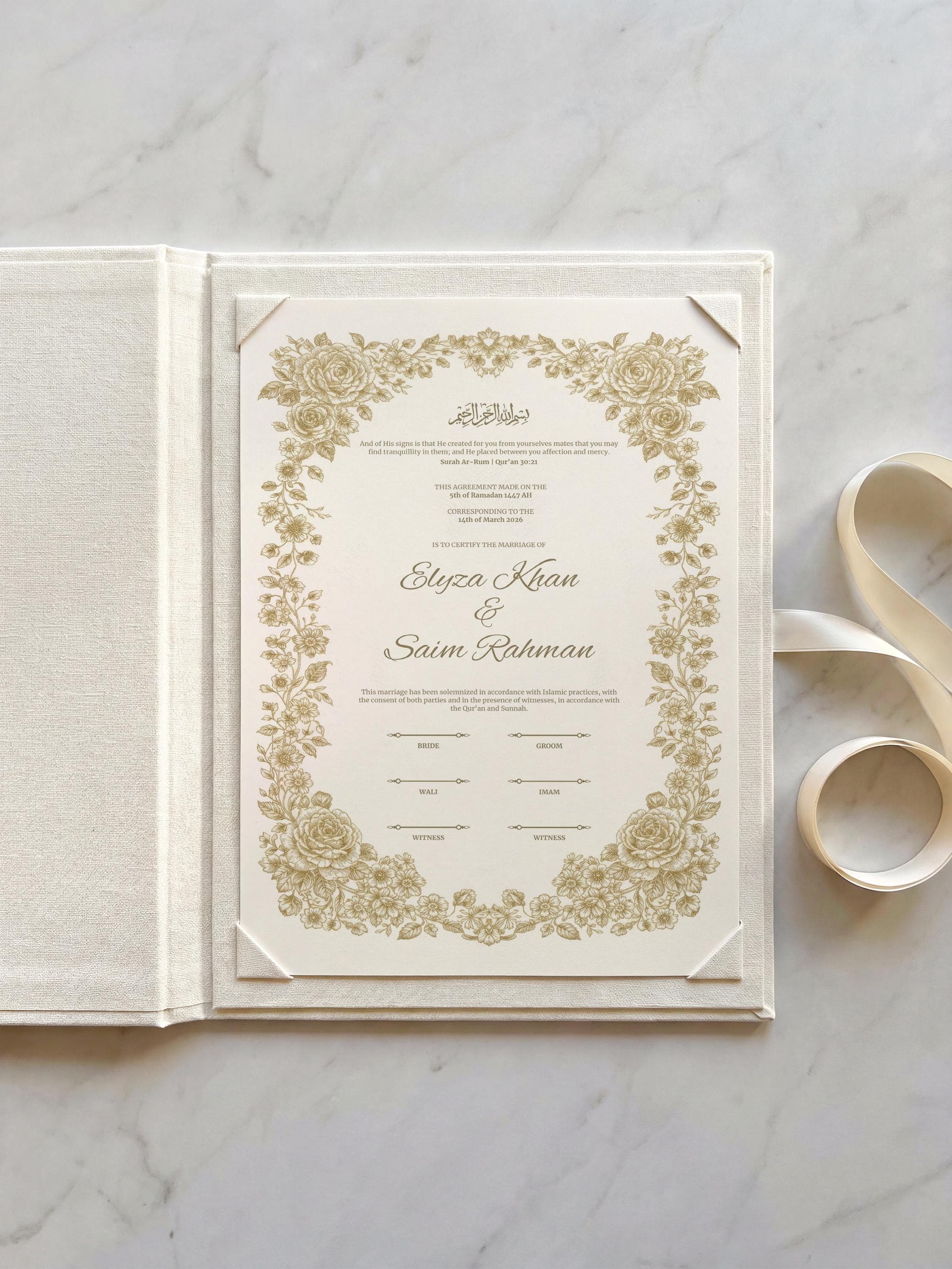 Gold Floral Islamic Nikkah Certificate: Elegant Muslim Wedding Contract, Luxury Personalized Marriage Template