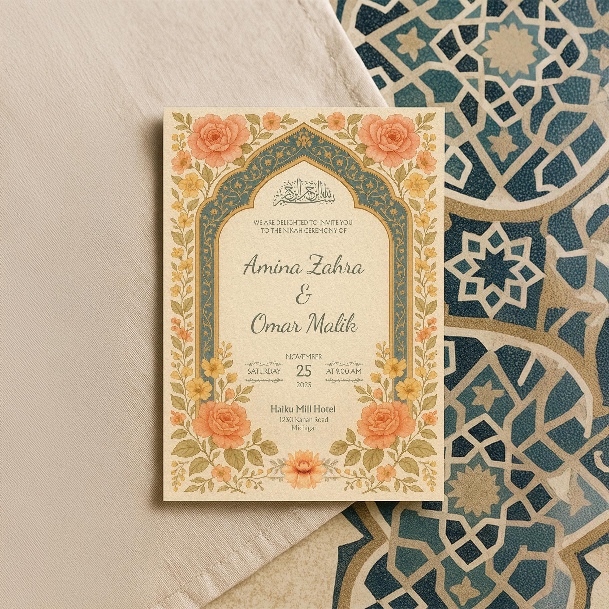 Orange Floral Muslim Wedding Invitation Template: Printable Islamic Nikah Card | WA18