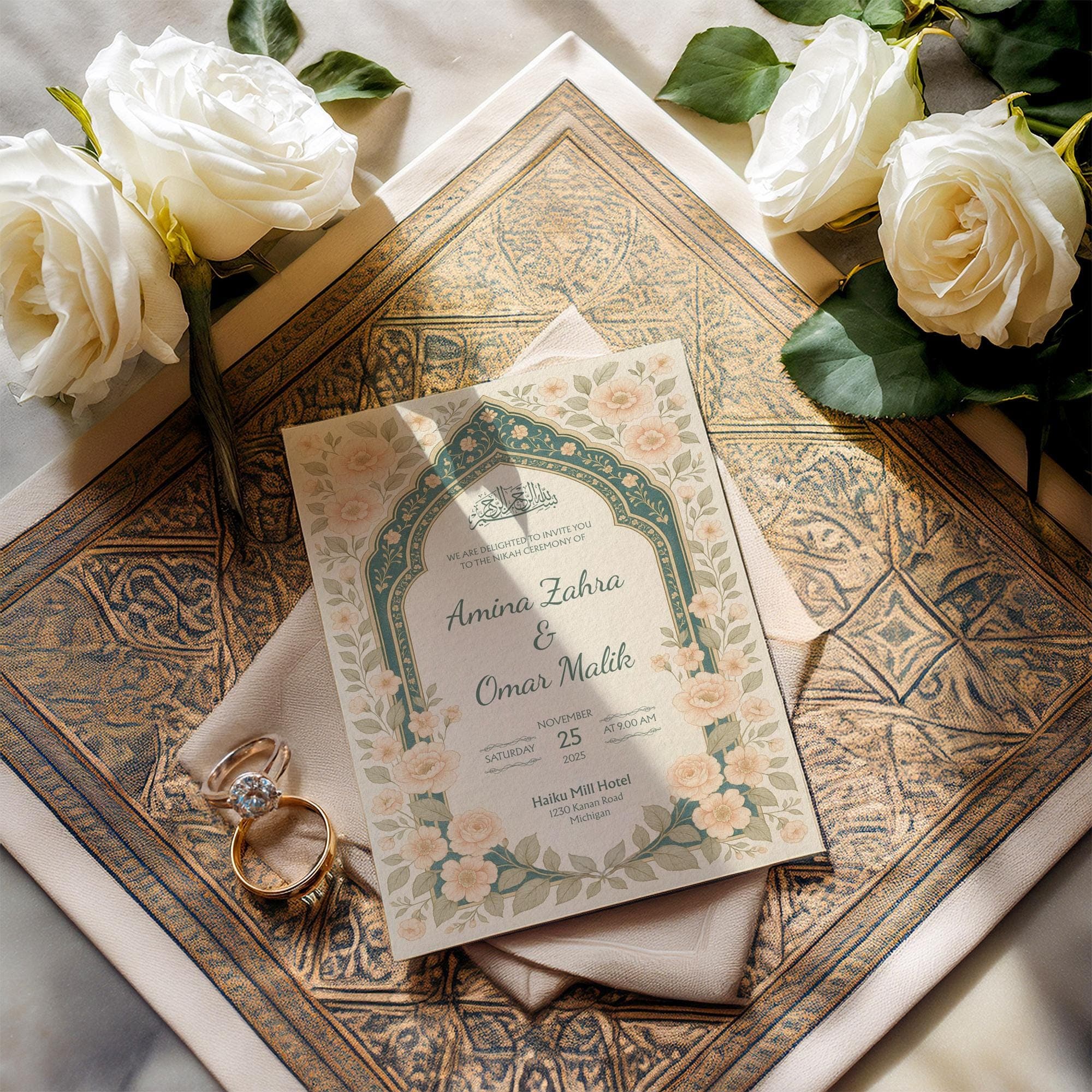 Printable Canva Islamic Nikah Invitation | Editable Digital Blush Floral Arch Template with Arabic Calligraphy in Soft Pastel Style | WA11 - image 3