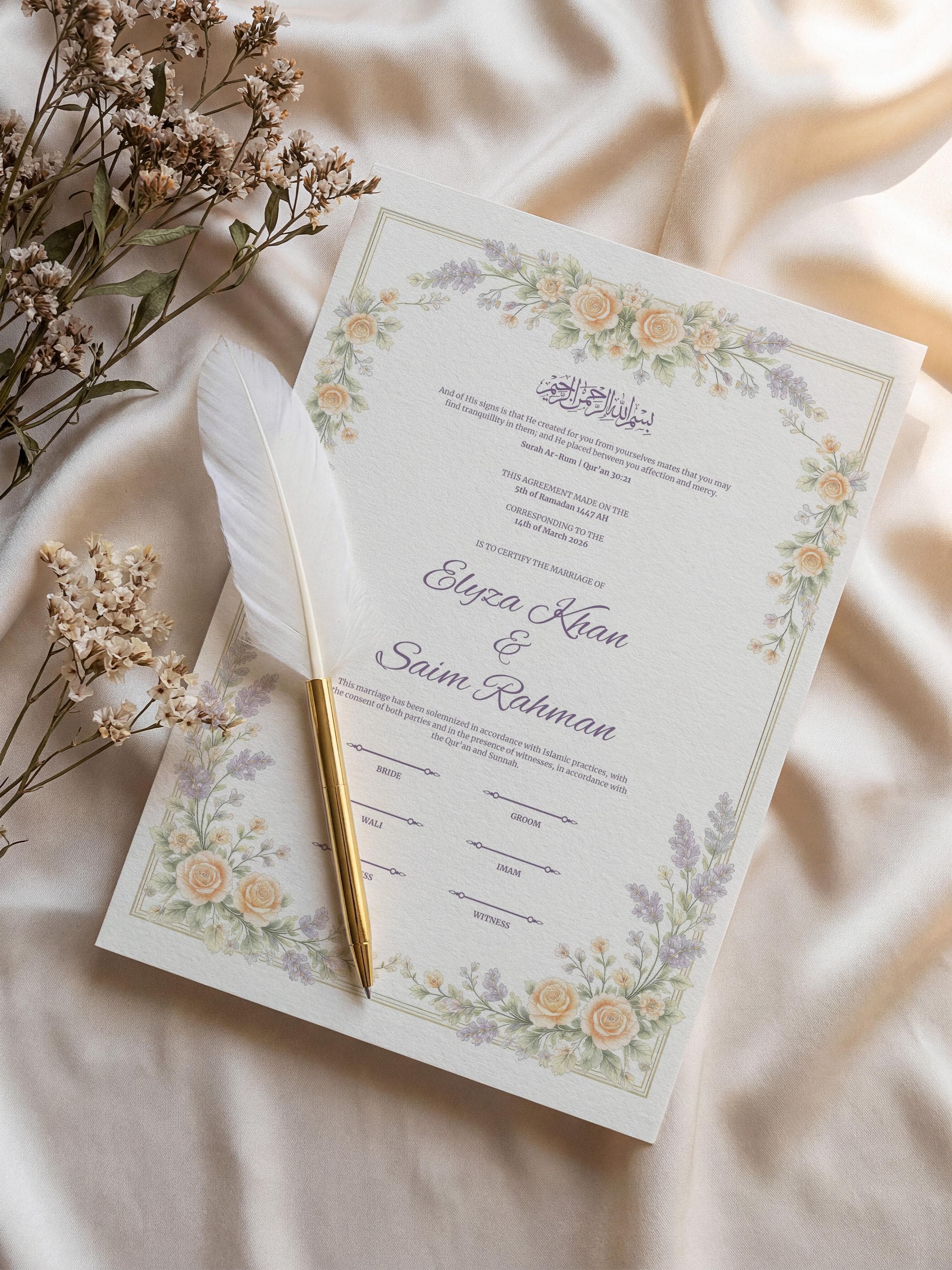 Pastel Floral Islamic Nikkah Certificate: Soft Lavender Rose Muslim Wedding Contract, Romantic Marriage Template - image 4