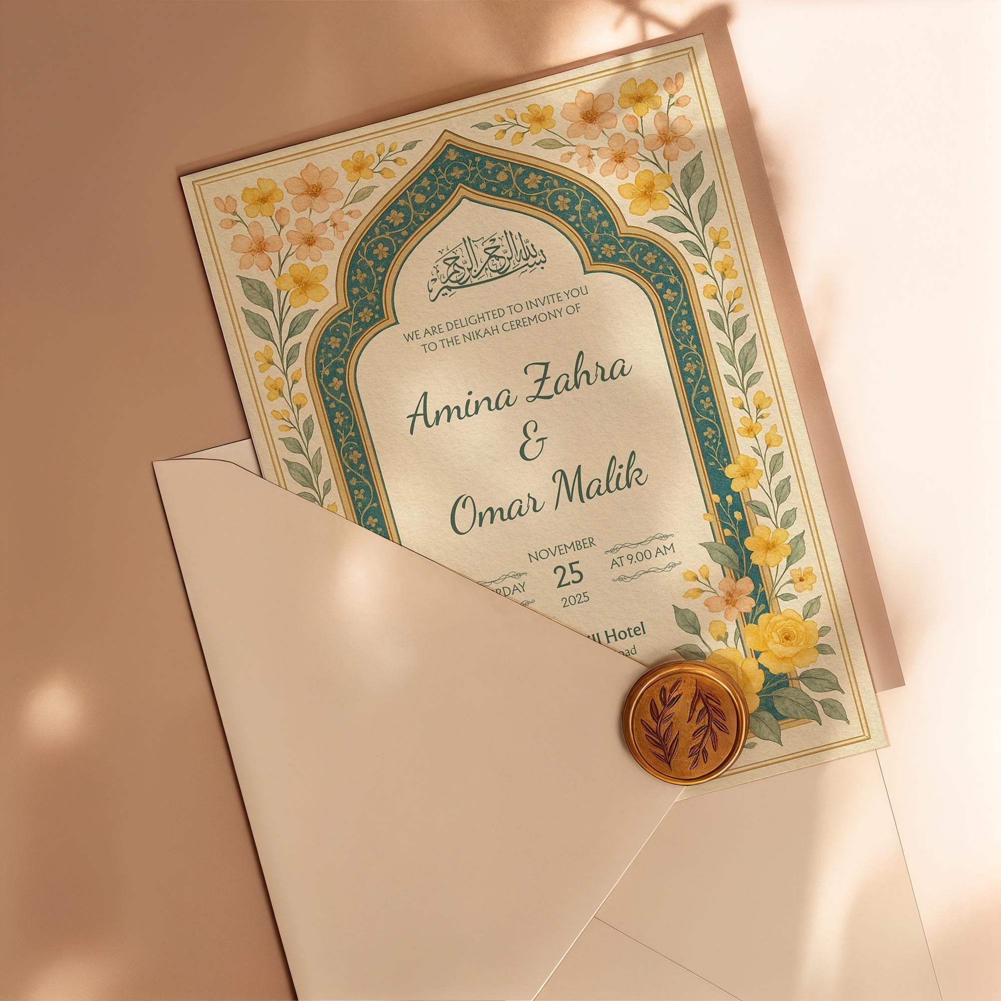 Custom Islamic Canva Template with Yellow Floral Motif | Printable Nikah Ceremony Design with Editable Arabic Calligraphy Elements | WA07 - image 4