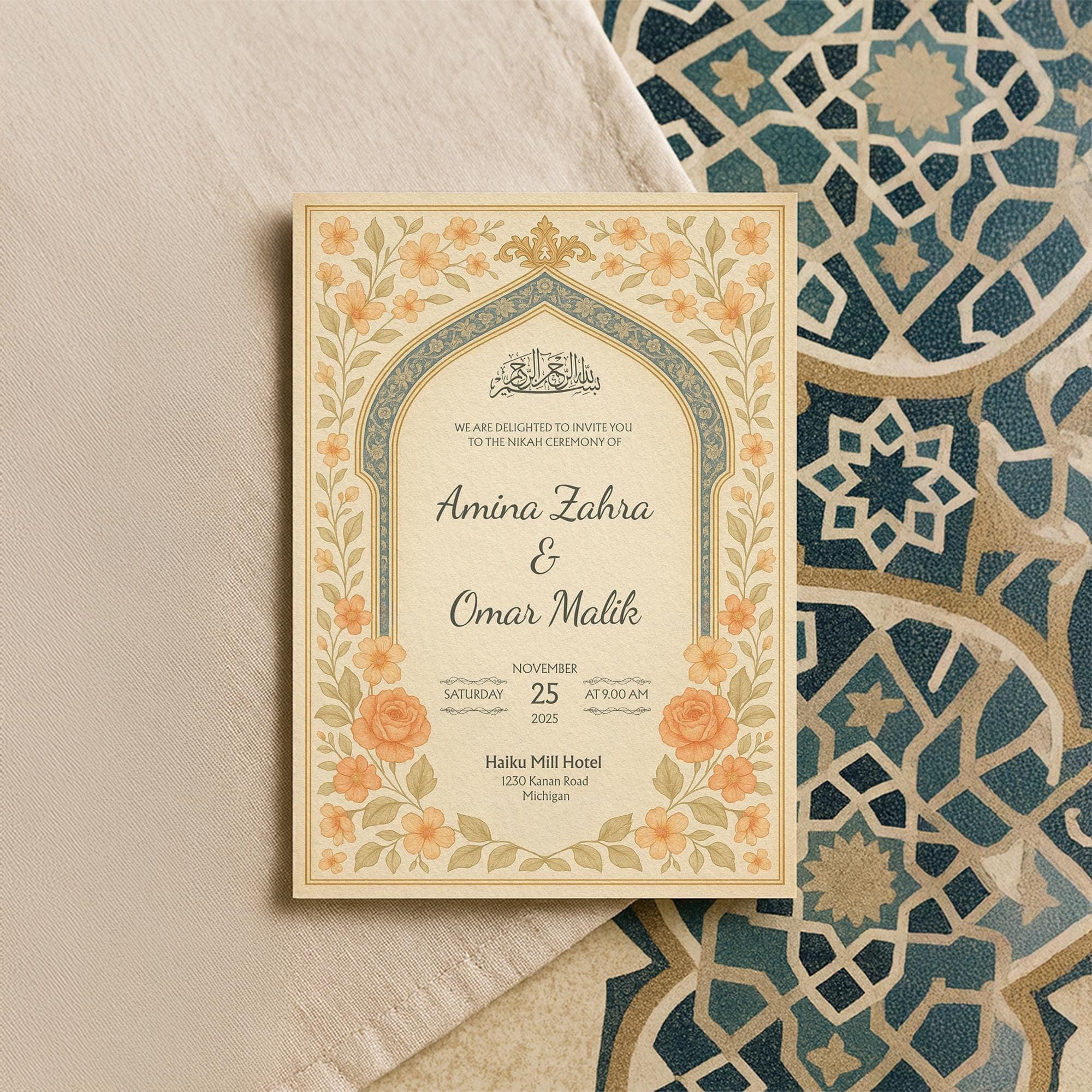 Editable Muslim Wedding Invitation Template | Printable Orange Floral Nikah Card with Arabic Arch & Calligraphy in Canva Format | WA13
