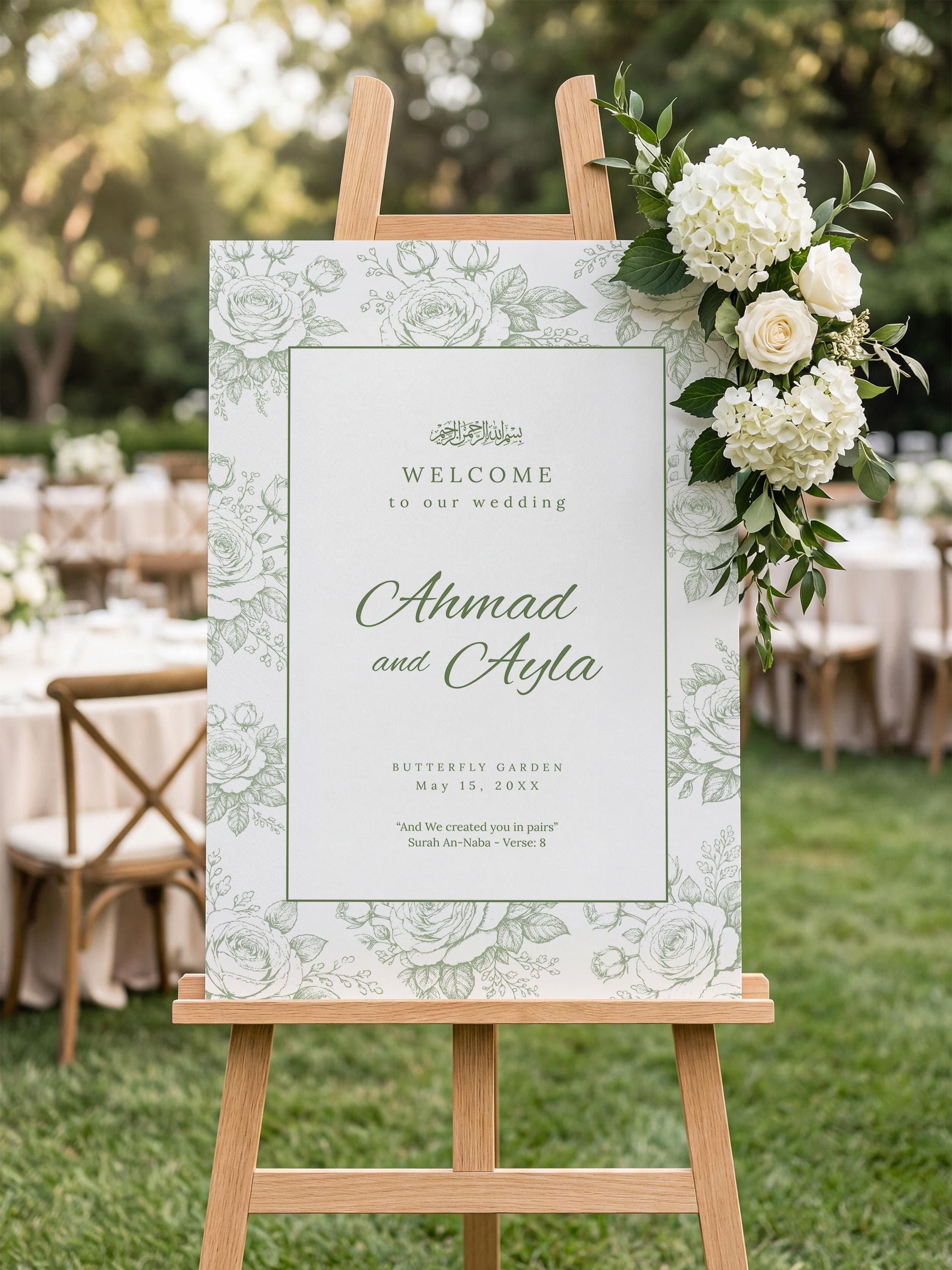 Islamic Wedding Welcome Sign Template: Sage Green Floral Nikkah Reception Poster, Garden Ceremony Decor