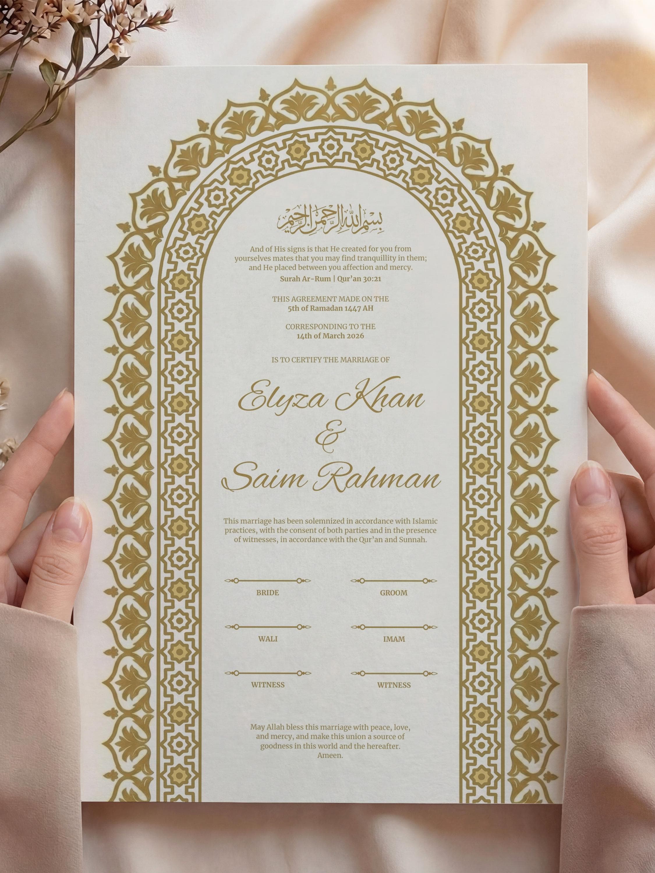 Gold Arch Islamic Nikkah Certificate: Trendy Muslim Wedding Contract, Luxury Personalized Marriage Template - image 3
