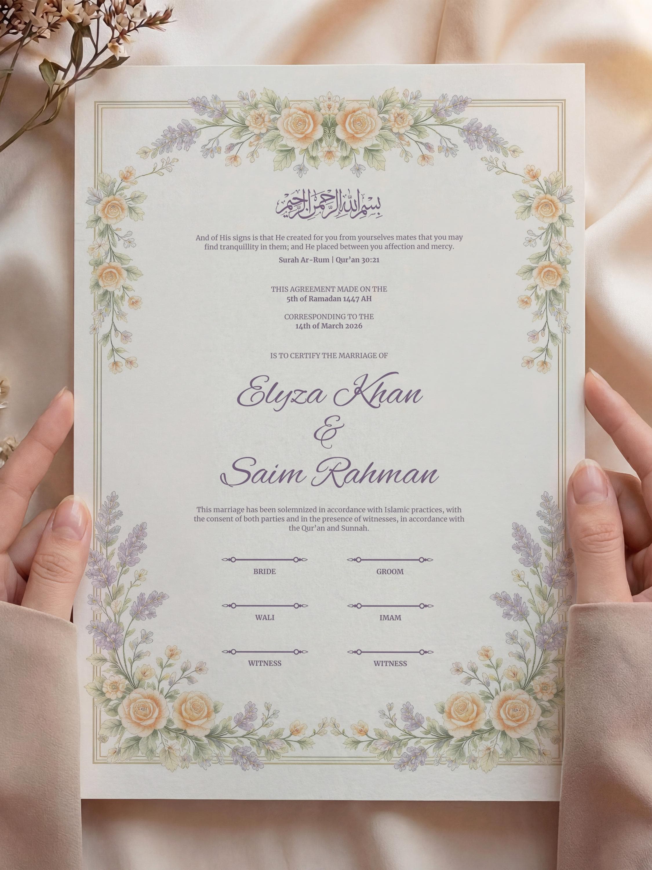Pastel Floral Islamic Nikkah Certificate: Soft Lavender Rose Muslim Wedding Contract, Romantic Marriage Template - image 3