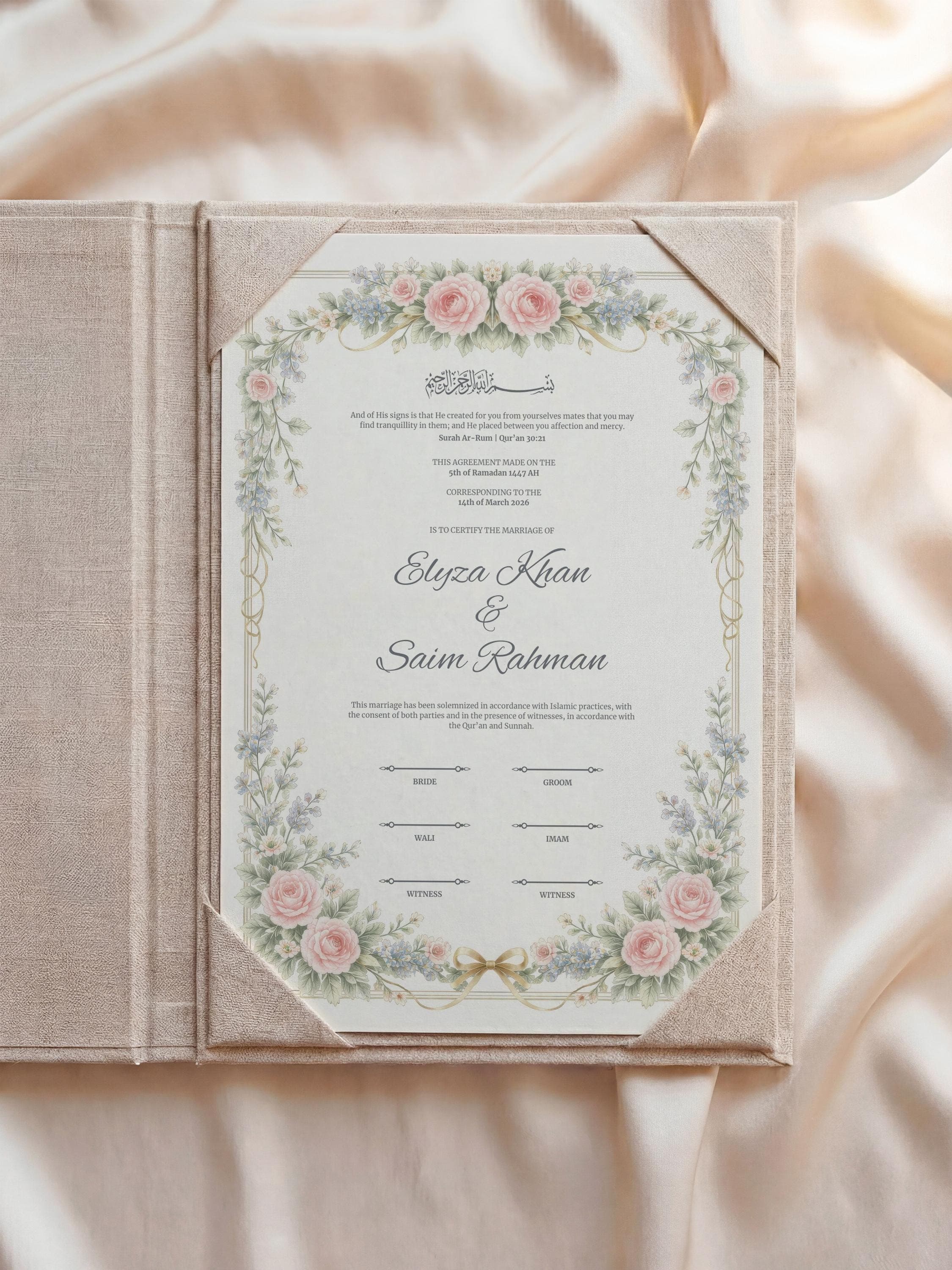 Floral Islamic Nikah Certificate: Soft Pastel Rose Muslim Wedding ContractTemplate, Personalized Marriage Contract