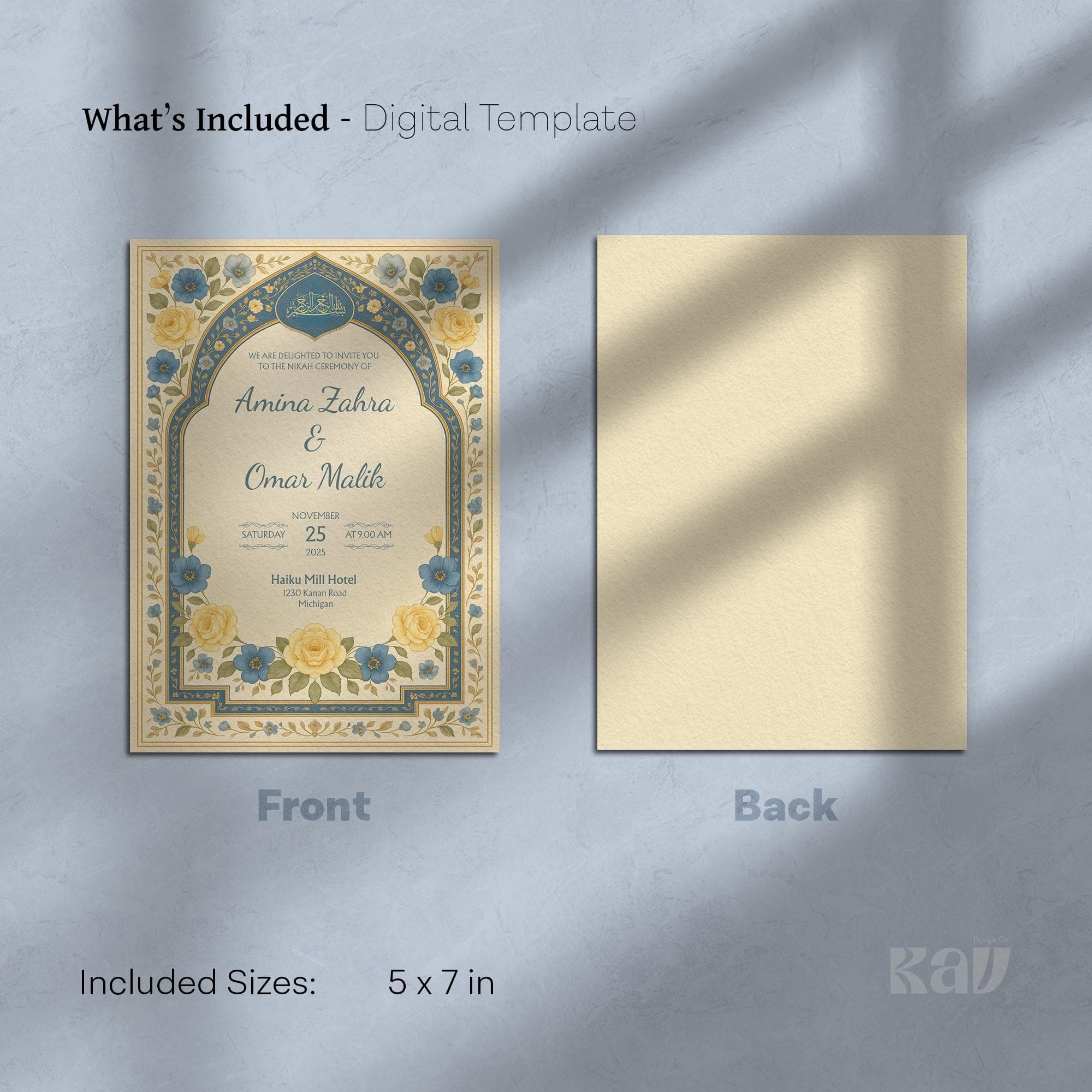 Editable Floral Muslim Nikah Invitation Card | Blue and Yellow Islamic Canva Template with Arabic Details & Elegant Arch Design | WA09 - image 5