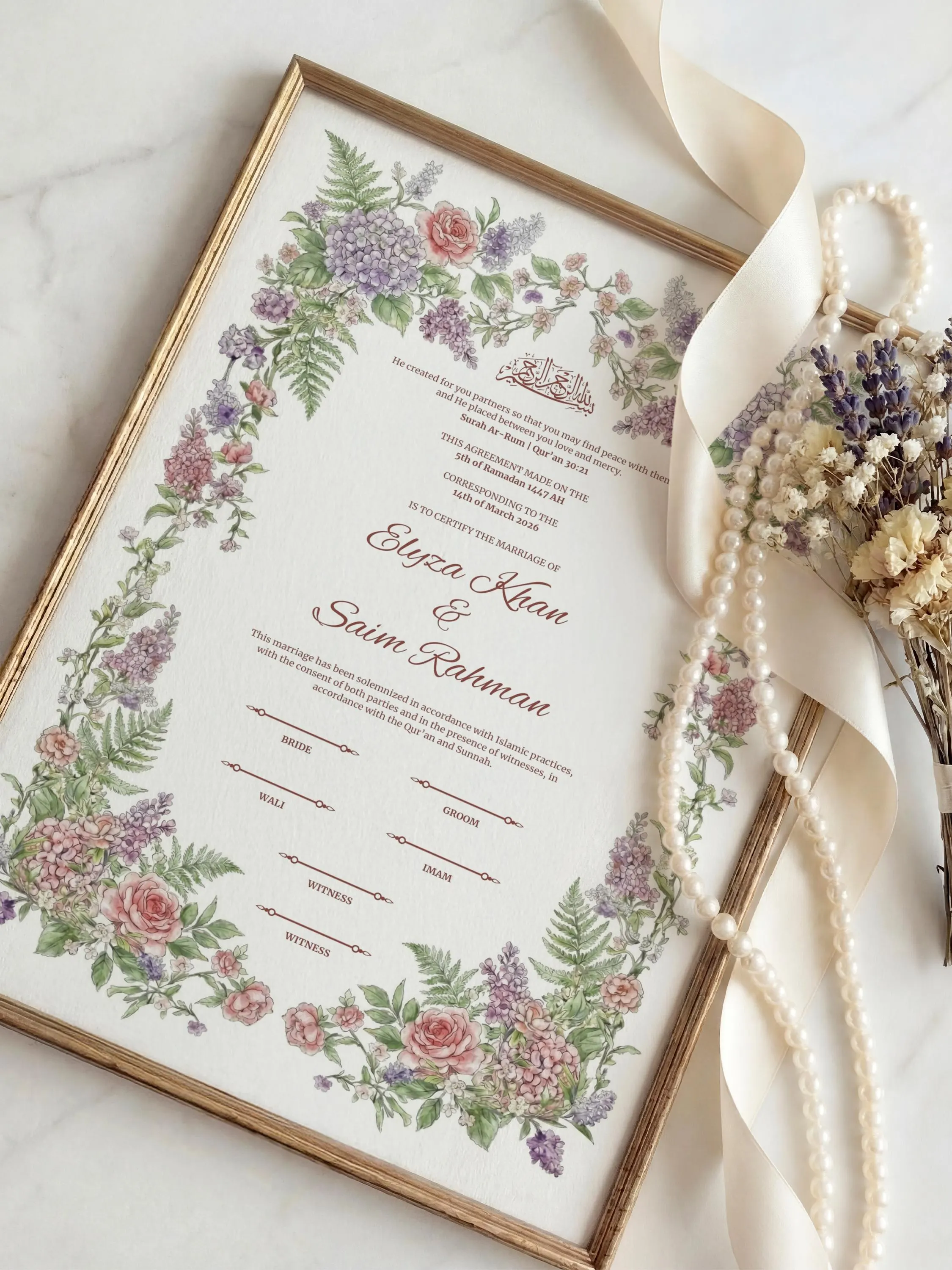 Pastel Floral Islamic Nikkah Certificate: Editable Muslim Wedding Contract (A3 & A4 Canva Template) - image 4