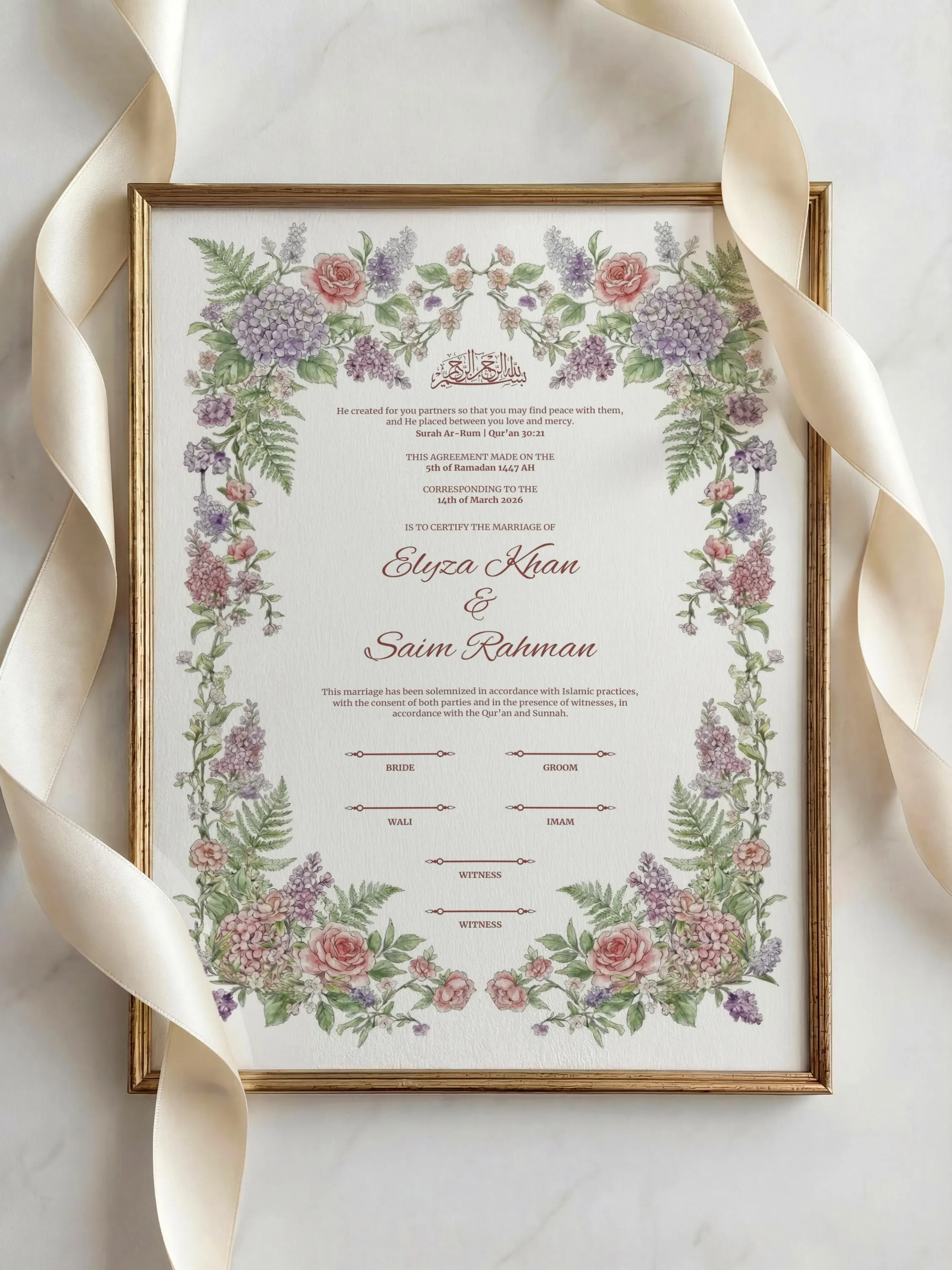 Pastel Floral Islamic Nikkah Certificate: Editable Muslim Wedding Contract (A3 & A4 Canva Template) - image 3