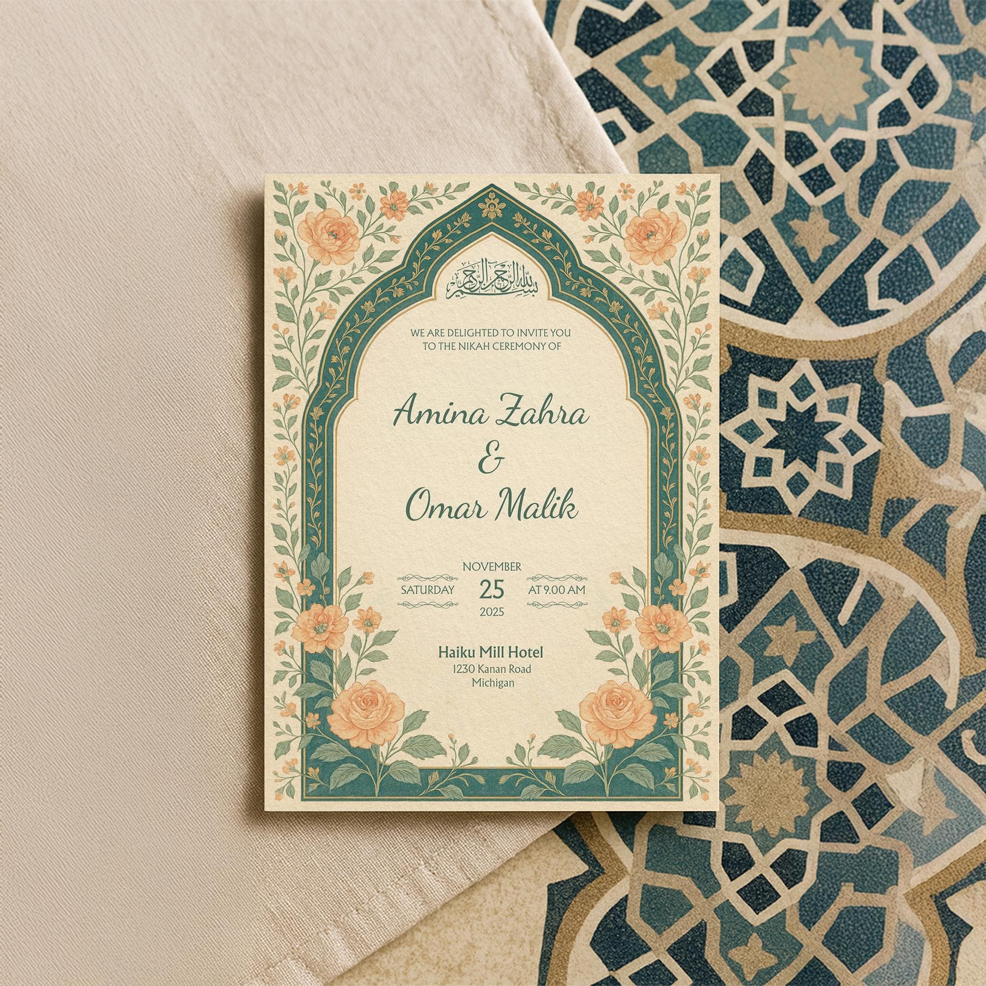 Orange Floral Muslim Nikah Invitation: Printable Islamic Wedding Invitation, Editable Canva Template | WA17