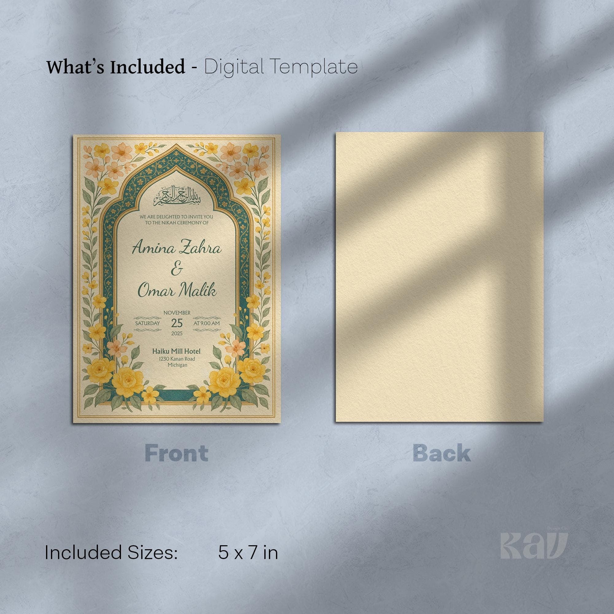Custom Islamic Canva Template with Yellow Floral Motif | Printable Nikah Ceremony Design with Editable Arabic Calligraphy Elements | WA07 - image 5