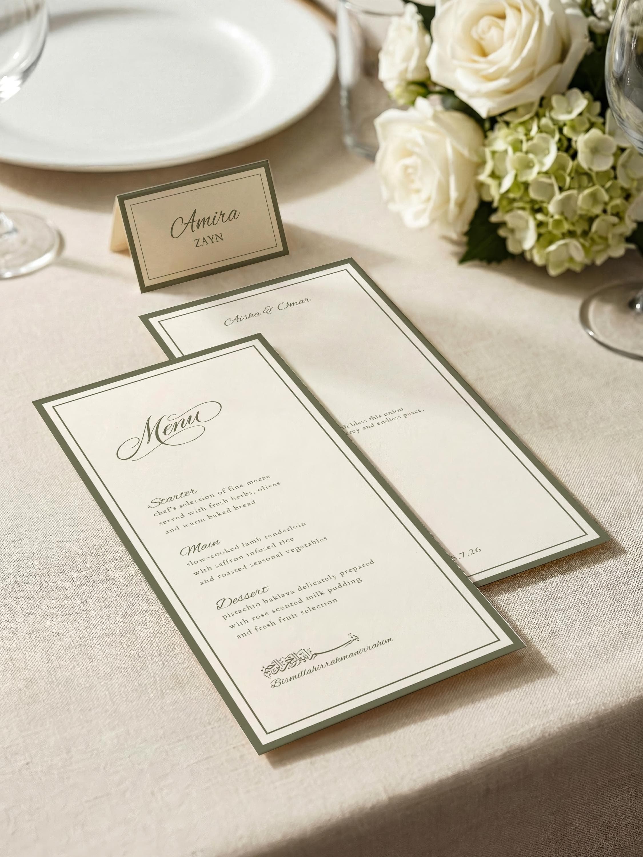 Islamic Wedding Menu & Place Card Template: Elegant Green Muslim Nikkah Reception Set (Digital Download) - image 5