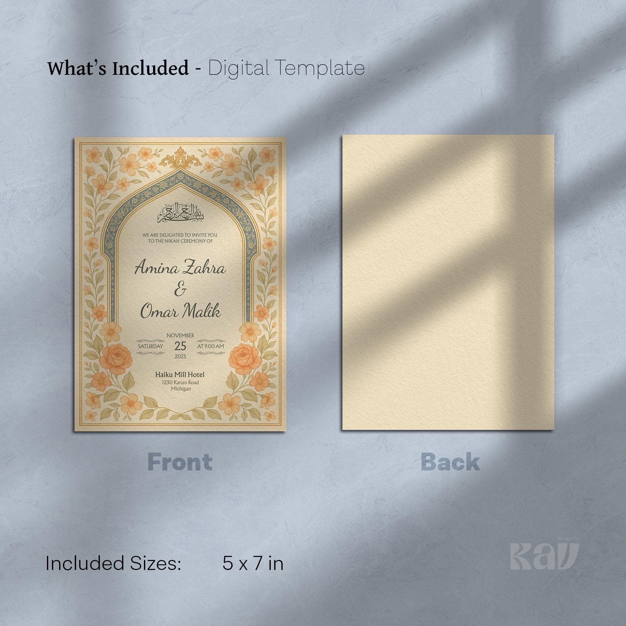 Editable Muslim Wedding Invitation Template | Printable Orange Floral Nikah Card with Arabic Arch & Calligraphy in Canva Format | WA13 - image 4