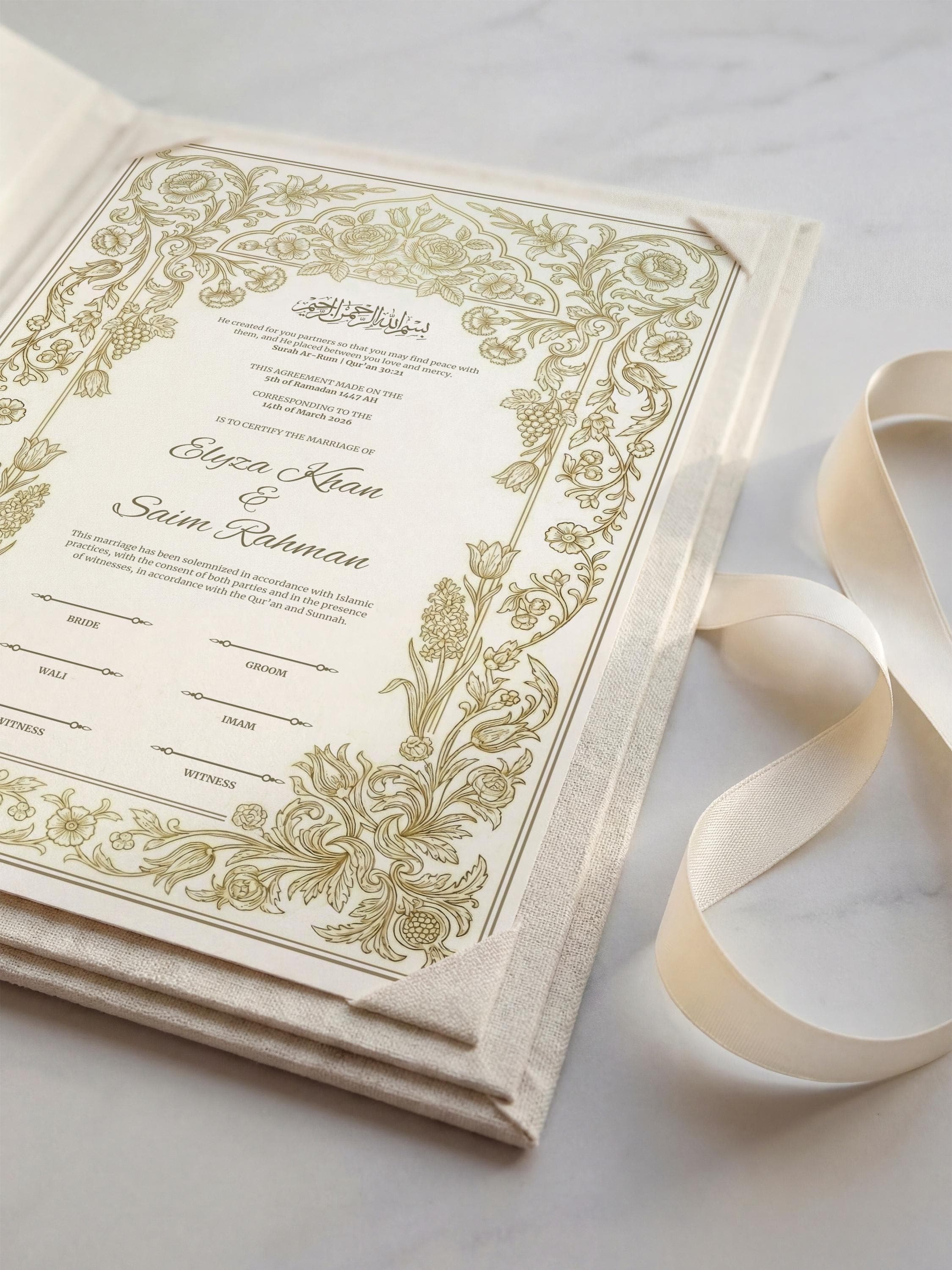 Vintage Gold Floral Islamic Nikkah Certificate: Editable Muslim Wedding Contract (A3 & A4 Canva Template) - image 4