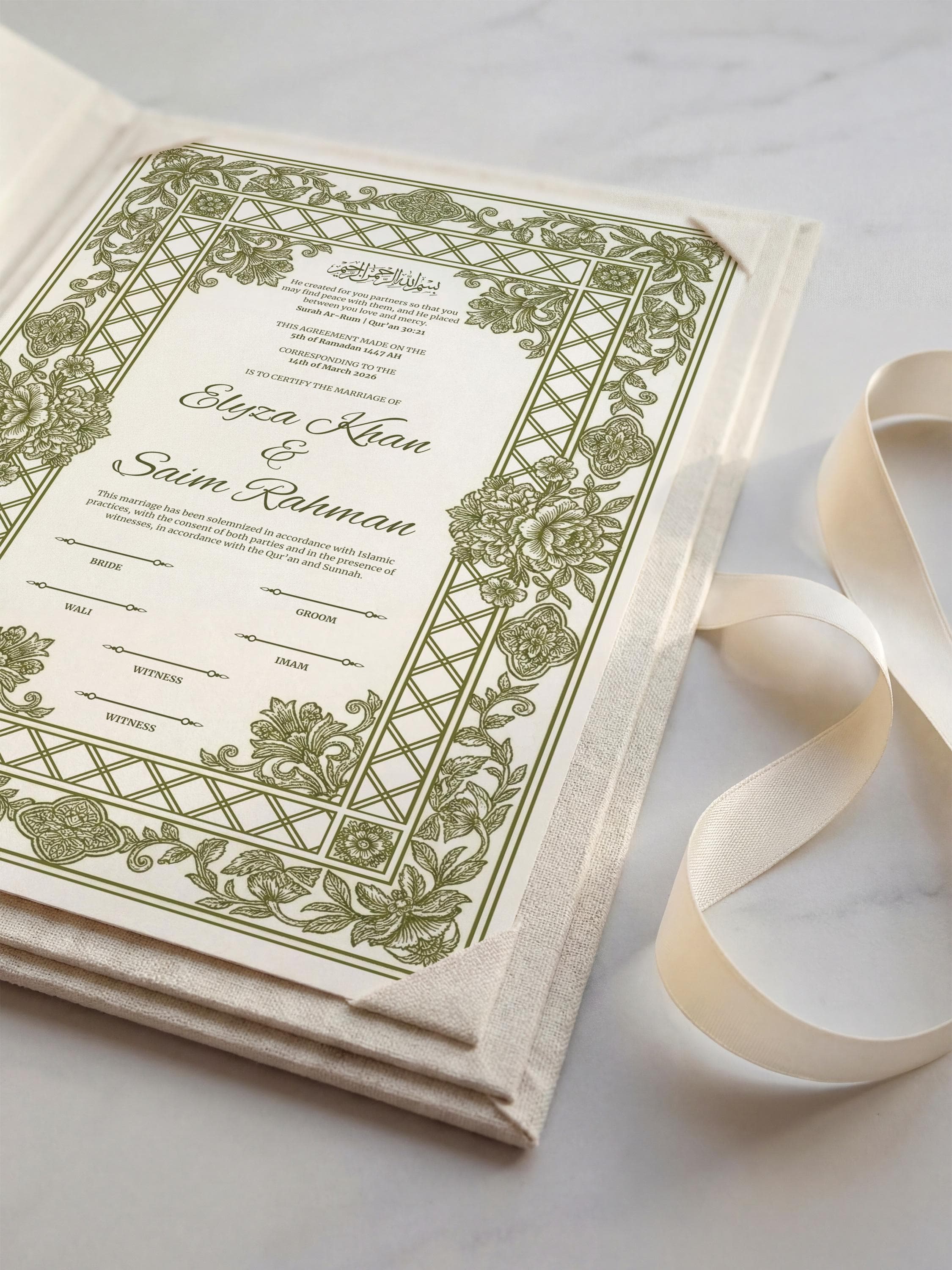 Green Islamic Nikkah Certificate: Ornate Botanical Frame Muslim Wedding Contract - image 4