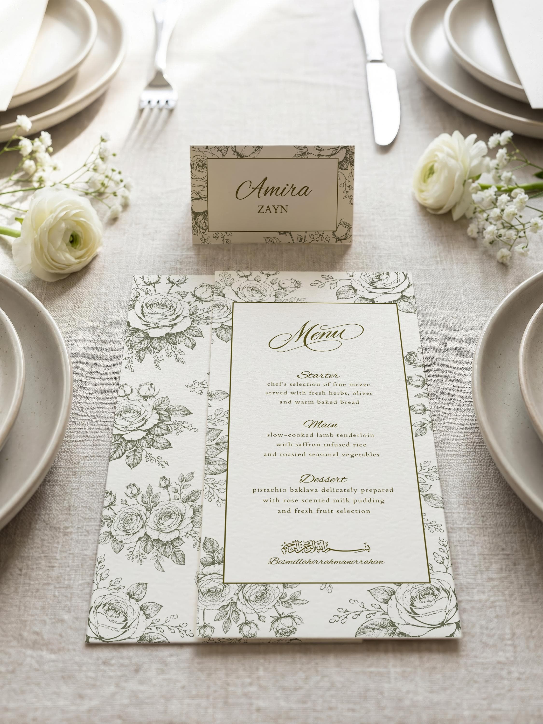 Wildflowers Islamic Wedding Menu & Place Card Template: Botanical Muslim Nikkah Reception Set (Digital Download)