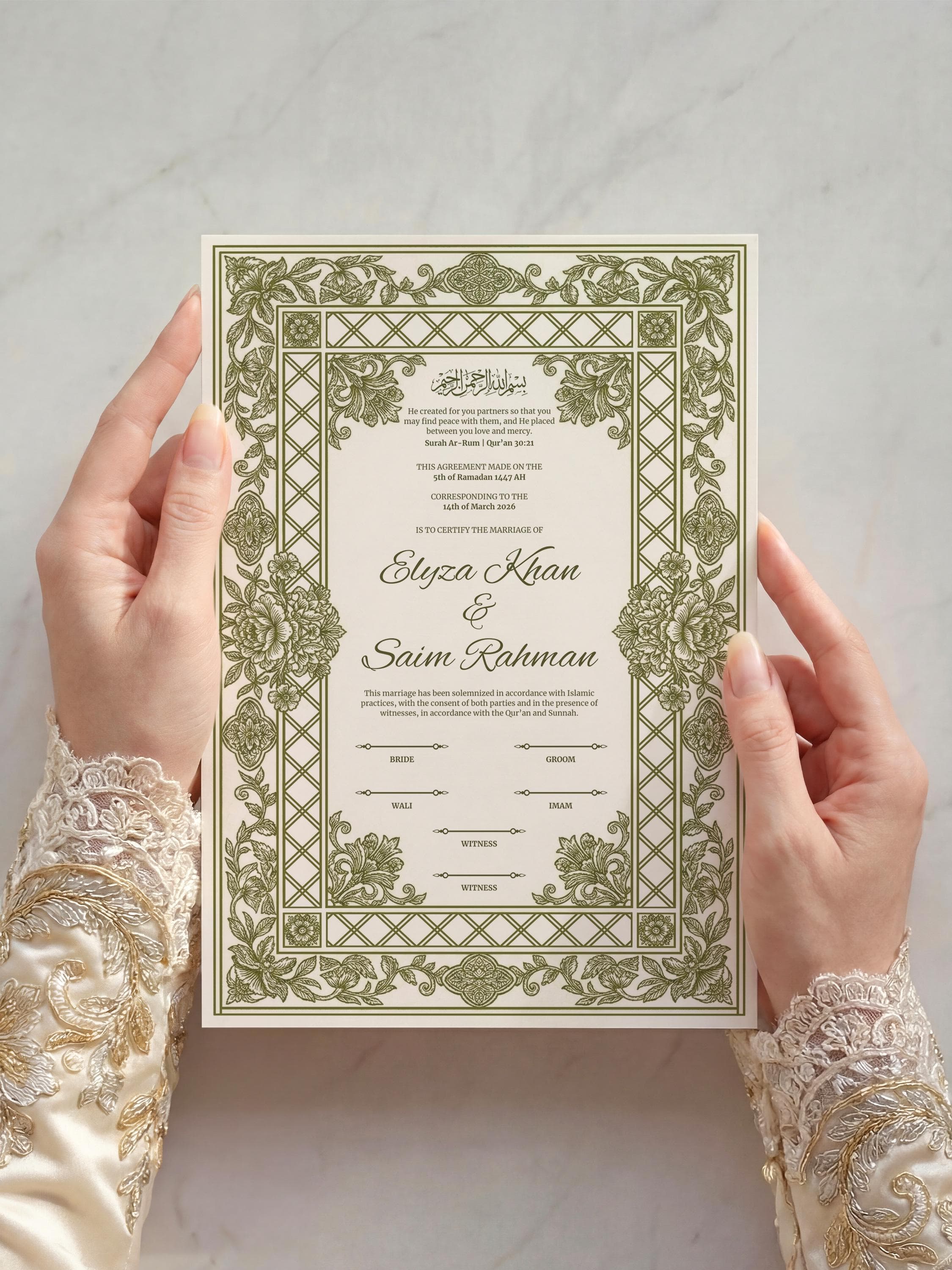 Green Islamic Nikkah Certificate: Ornate Botanical Frame Muslim Wedding Contract - image 5