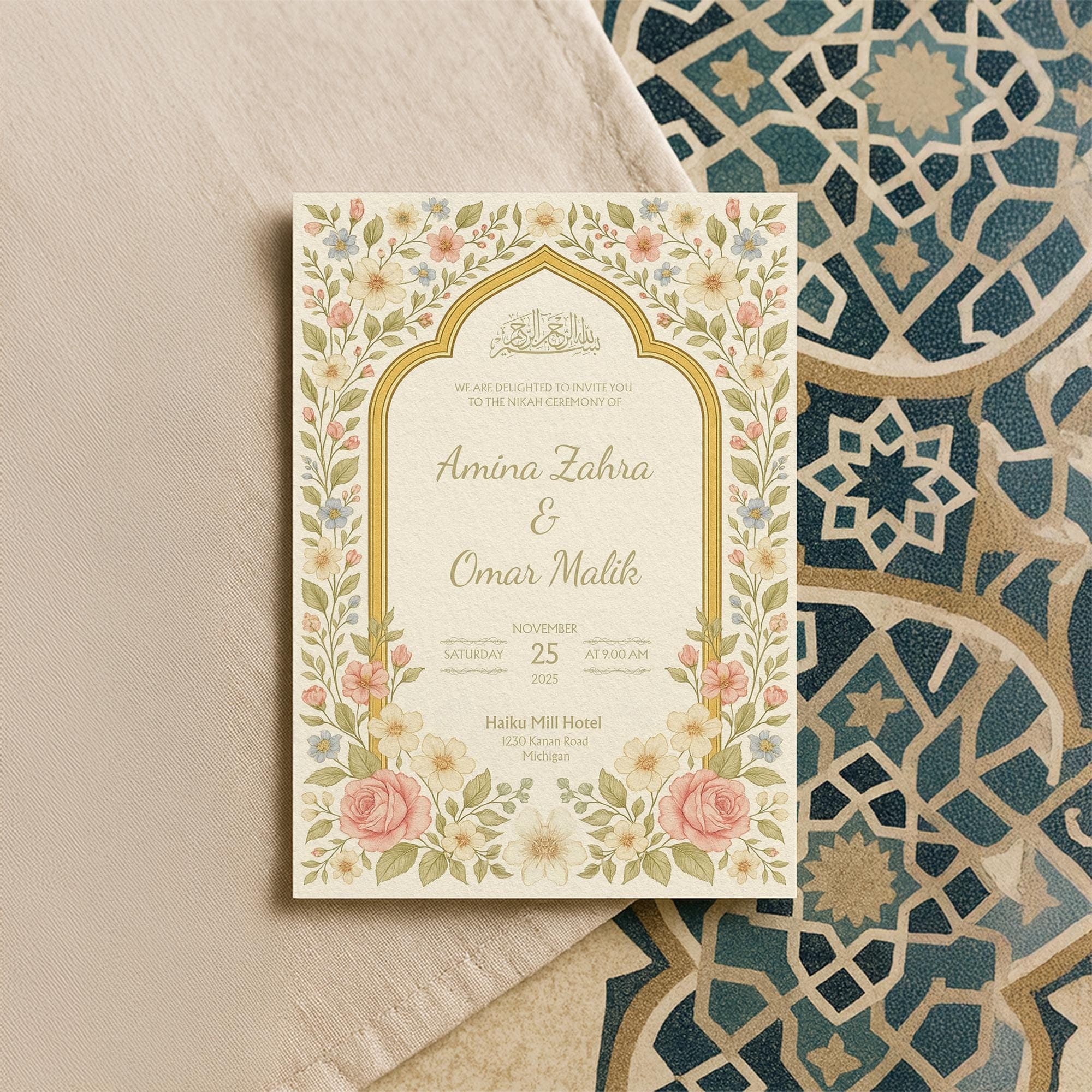 Boho Floral Muslim Nikah Invitation Template | Editable Canva Islamic Wedding Card with Soft Colors & Elegant Calligraphy | WA04