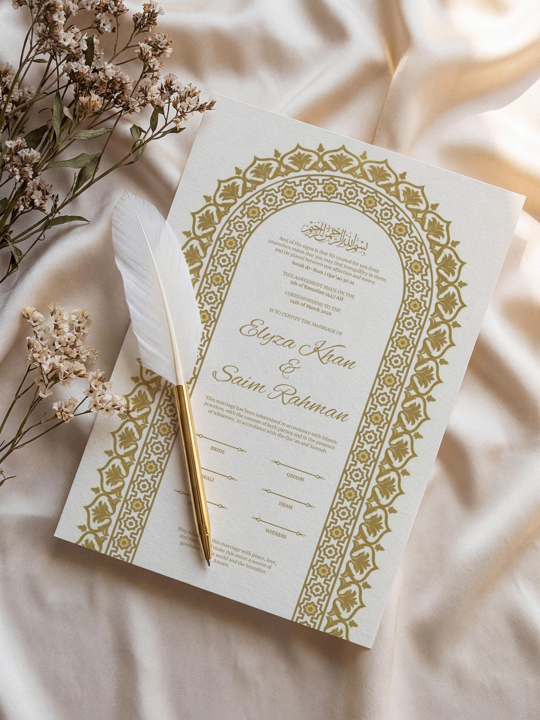 Gold Arch Islamic Nikkah Certificate: Trendy Muslim Wedding Contract, Luxury Personalized Marriage Template - image 4