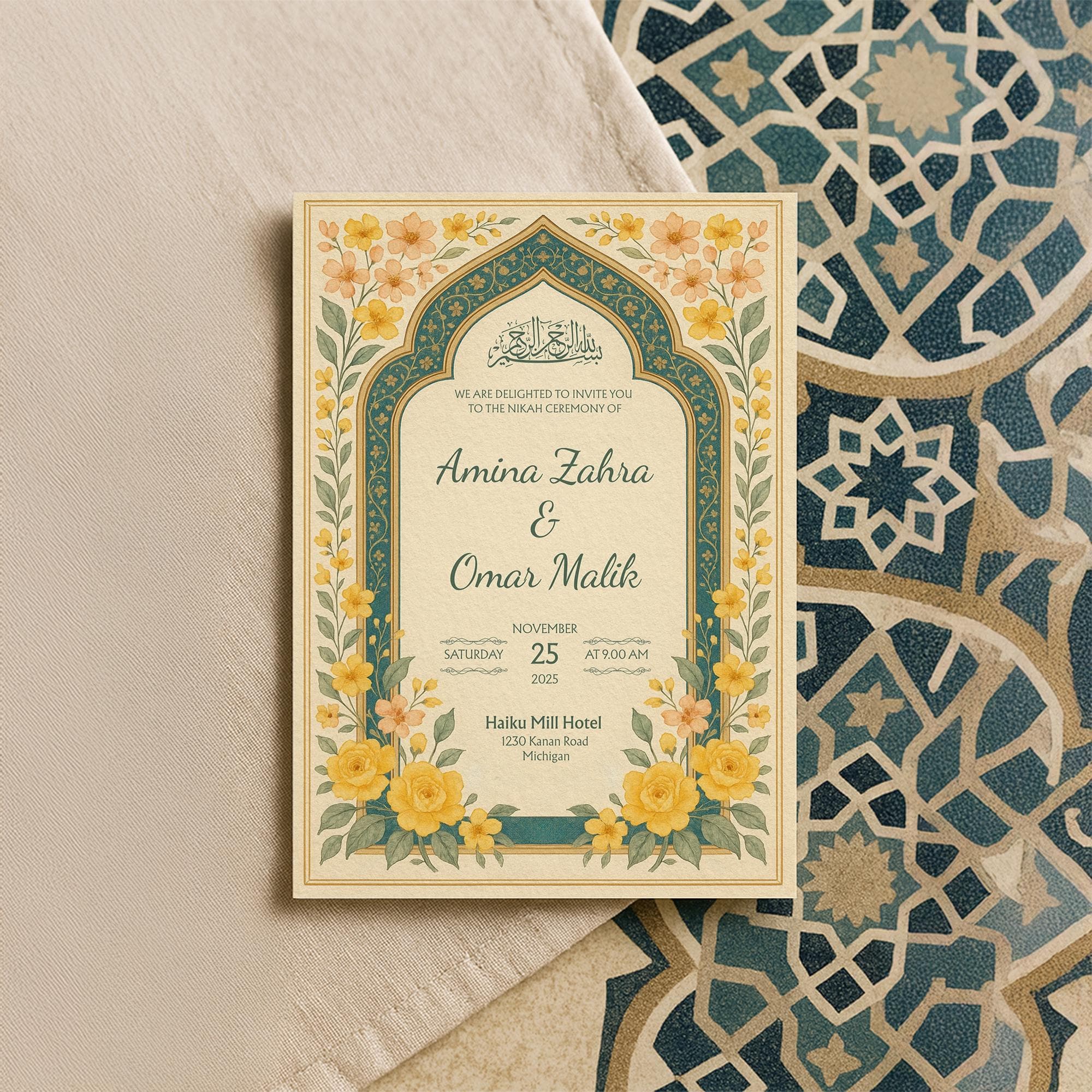 Custom Islamic Canva Template with Yellow Floral Motif | Printable Nikah Ceremony Design with Editable Arabic Calligraphy Elements | WA07