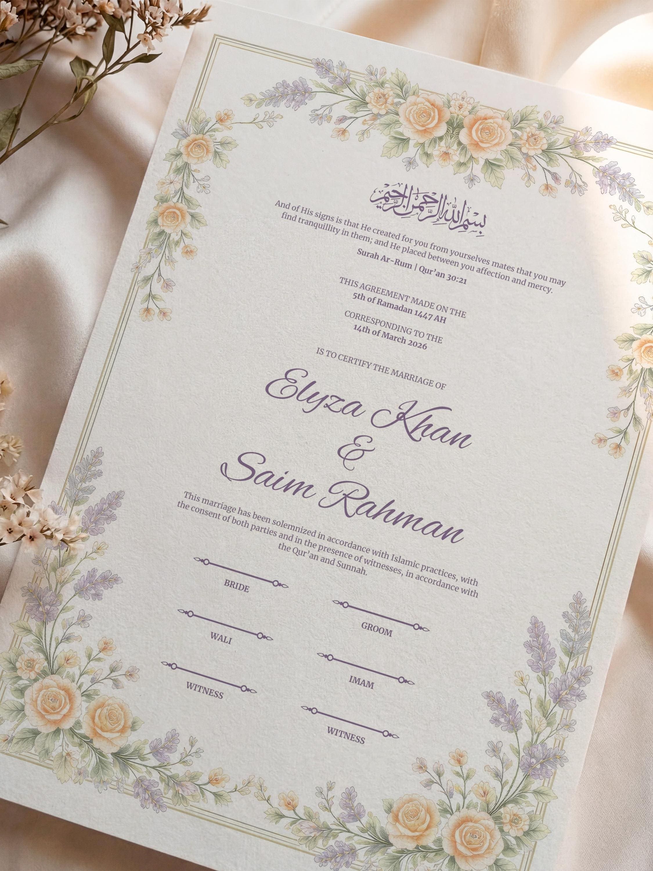 Pastel Floral Islamic Nikkah Certificate: Soft Lavender Rose Muslim Wedding Contract, Romantic Marriage Template