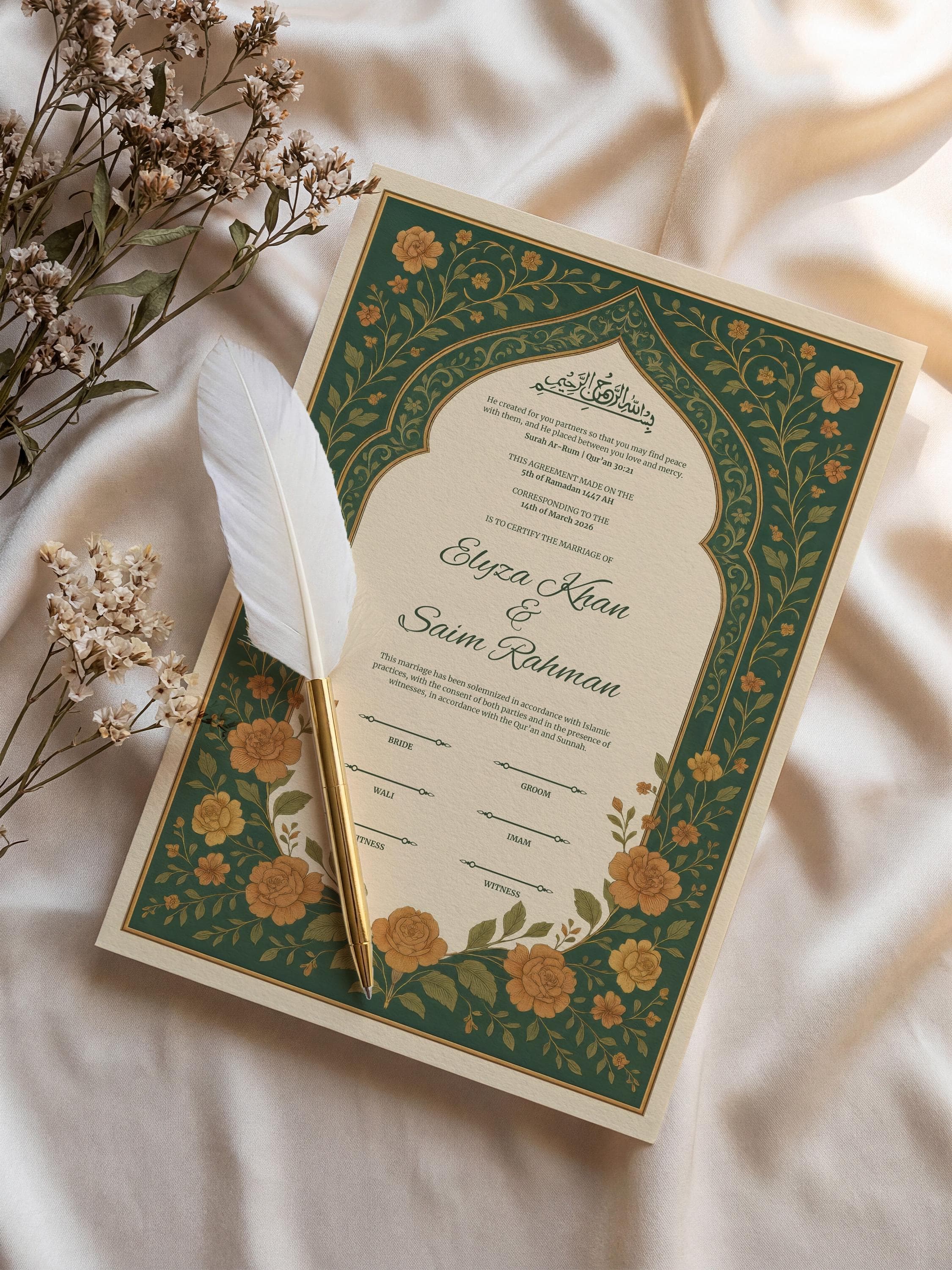 Editable Green Floral Muslim Nikkah Certificate | Luxury Islamic Wedding Contract (Digital Download, A3 & A4) - image 4
