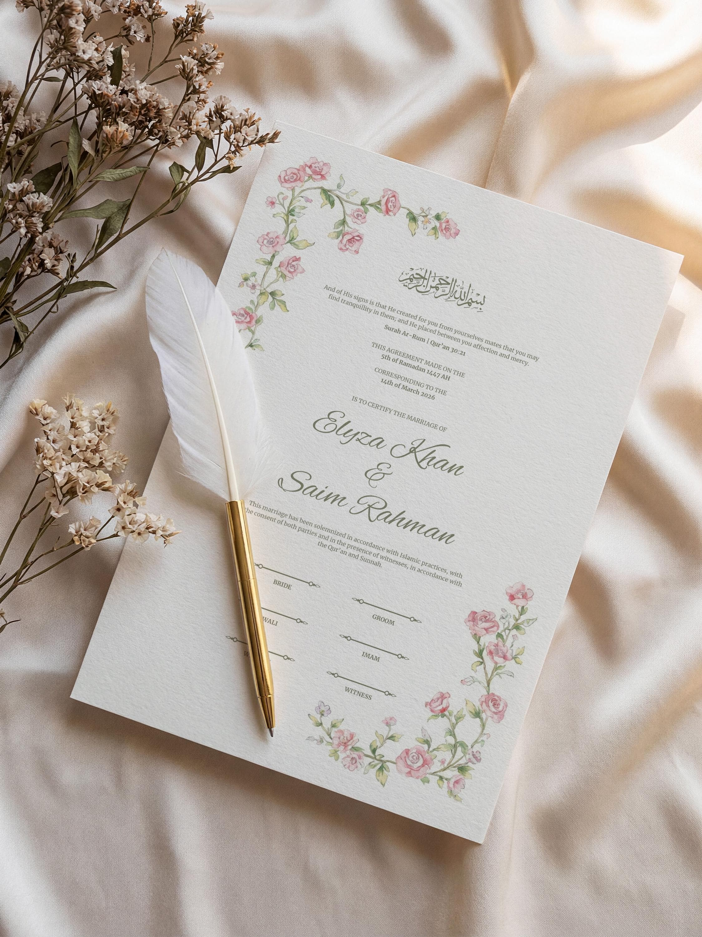 Pink Floral Islamic Nikkah Certificate: Editable Muslim Wedding Contract (A3 & A4 Canva Template)