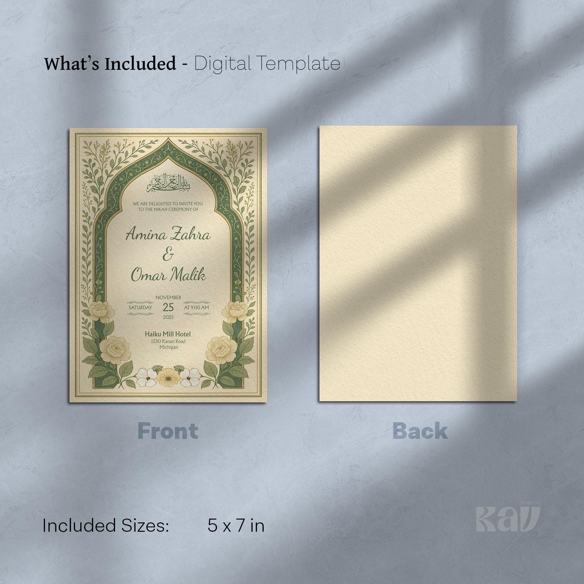 Editable Islamic Wedding Invitation Canva Template | Printable Beige Green Floral Nikah Card with Arabic Arch | Elegant Botanical | WA12 - image 4