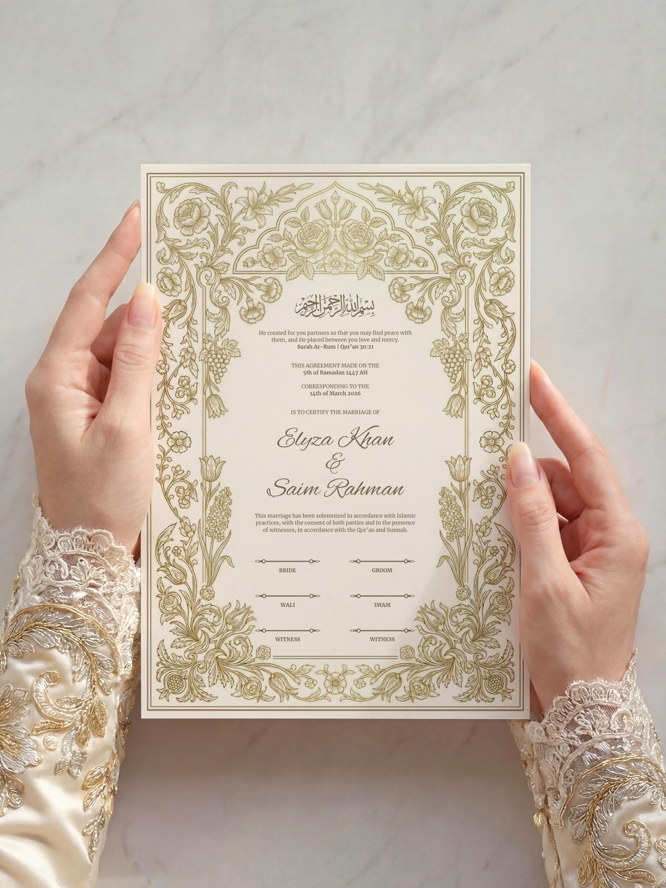 Vintage Gold Floral Islamic Nikkah Certificate: Editable Muslim Wedding Contract (A3 & A4 Canva Template) - image 5